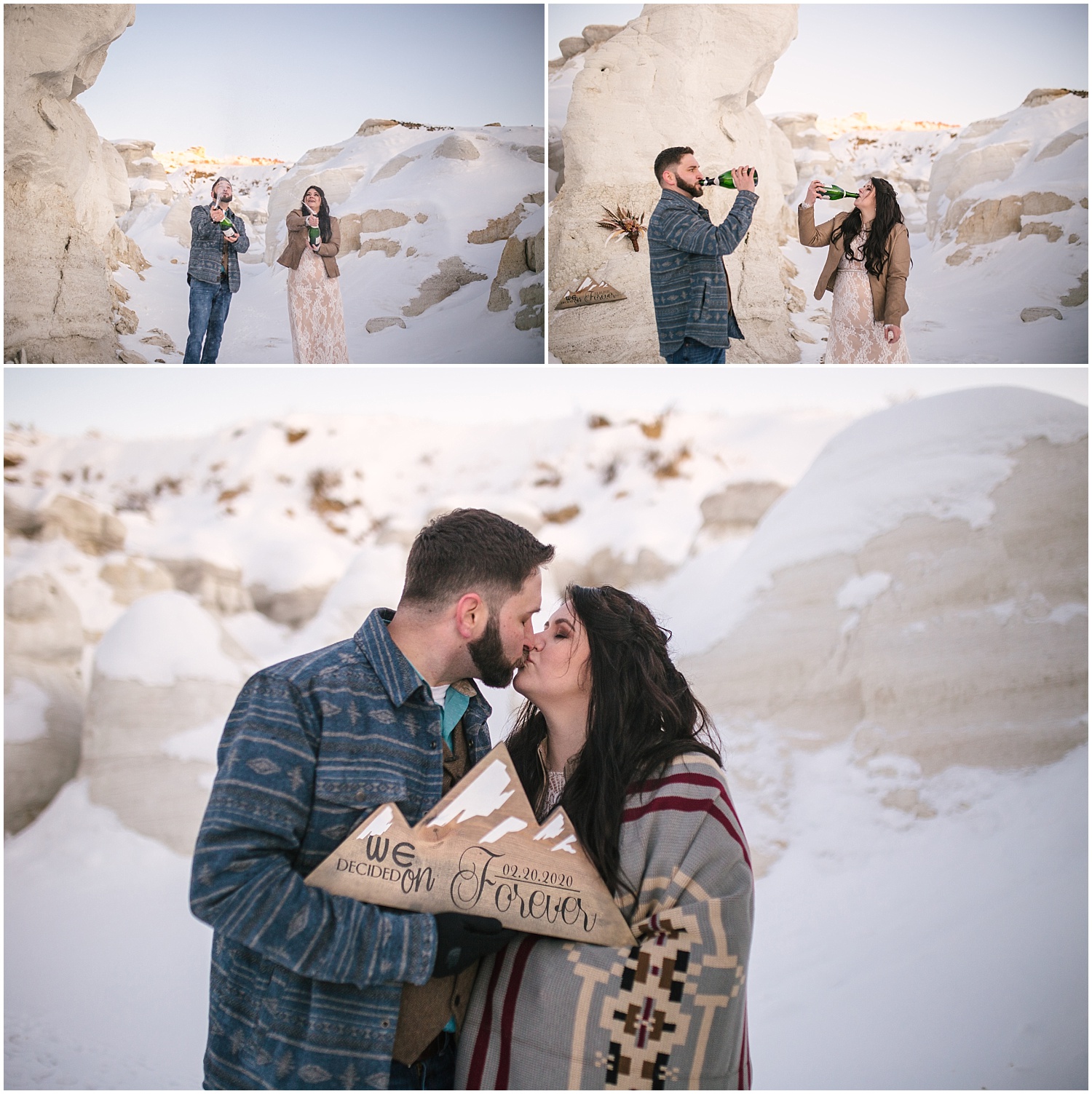 Bride and groom celebrate with champagne and mountain elopement sign at winter Paint Mines elopement in Colorado