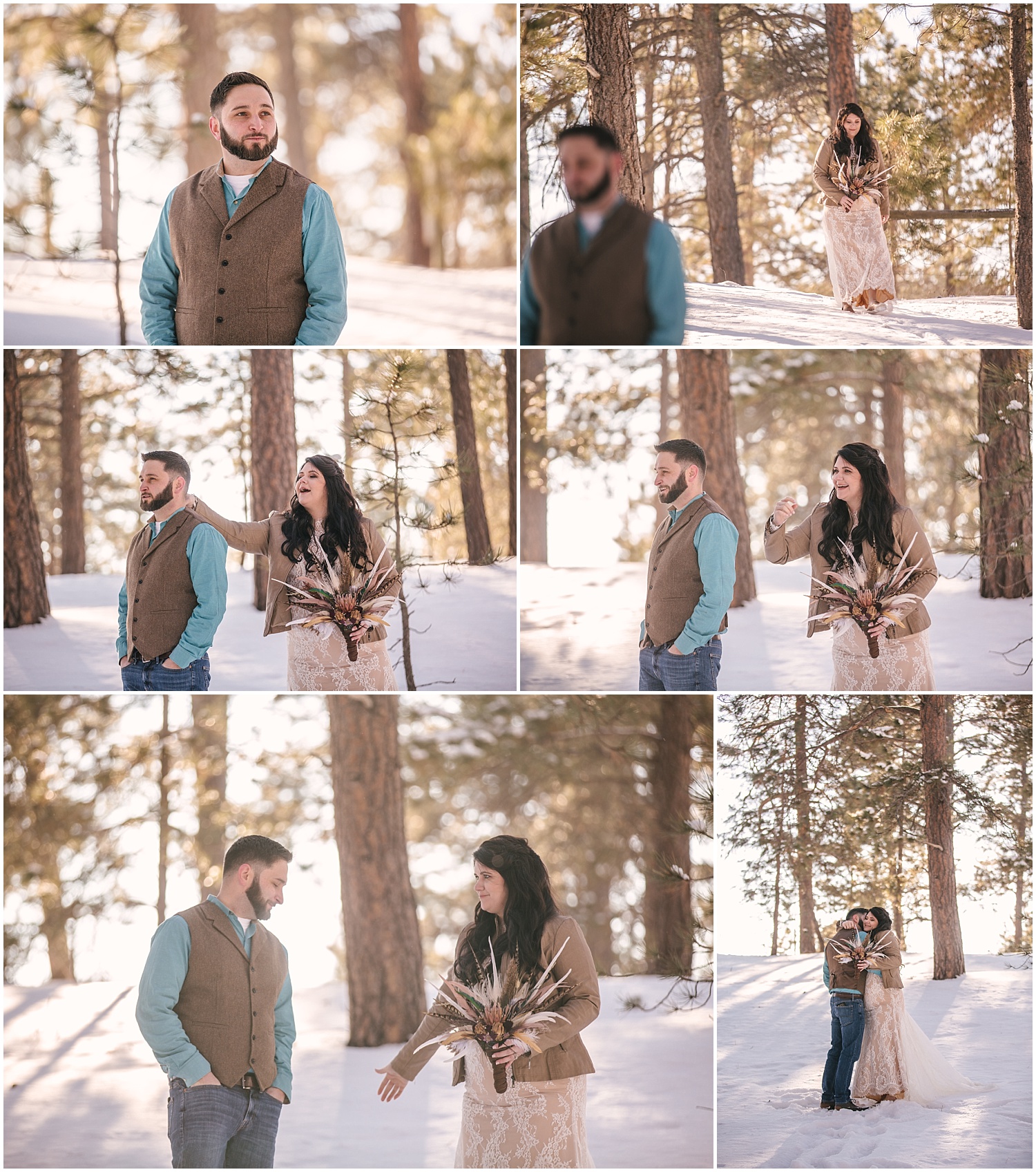 Bride and groom's first look in Black Forest before their winter elopement
