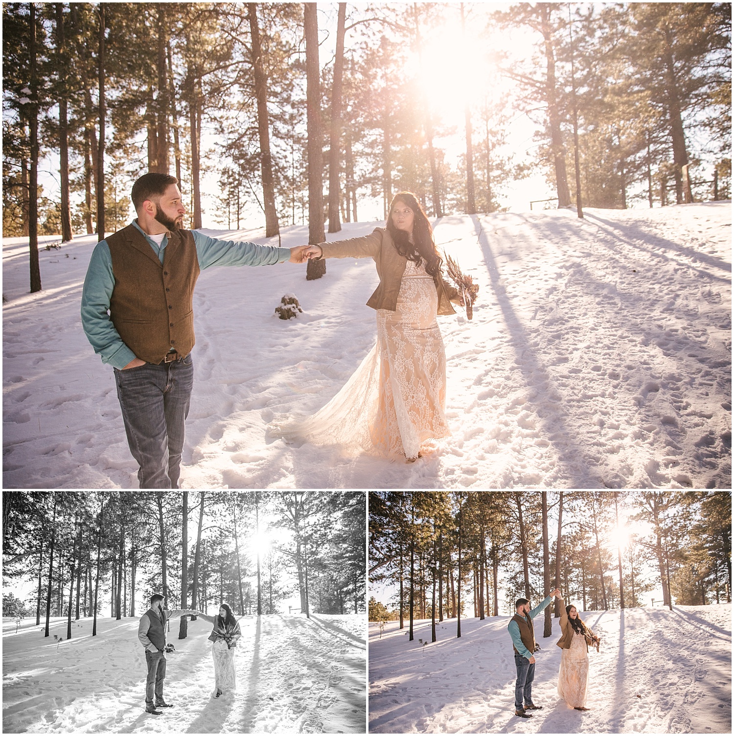 Bride and groom dancing in the snow in Black Forest Colorado
