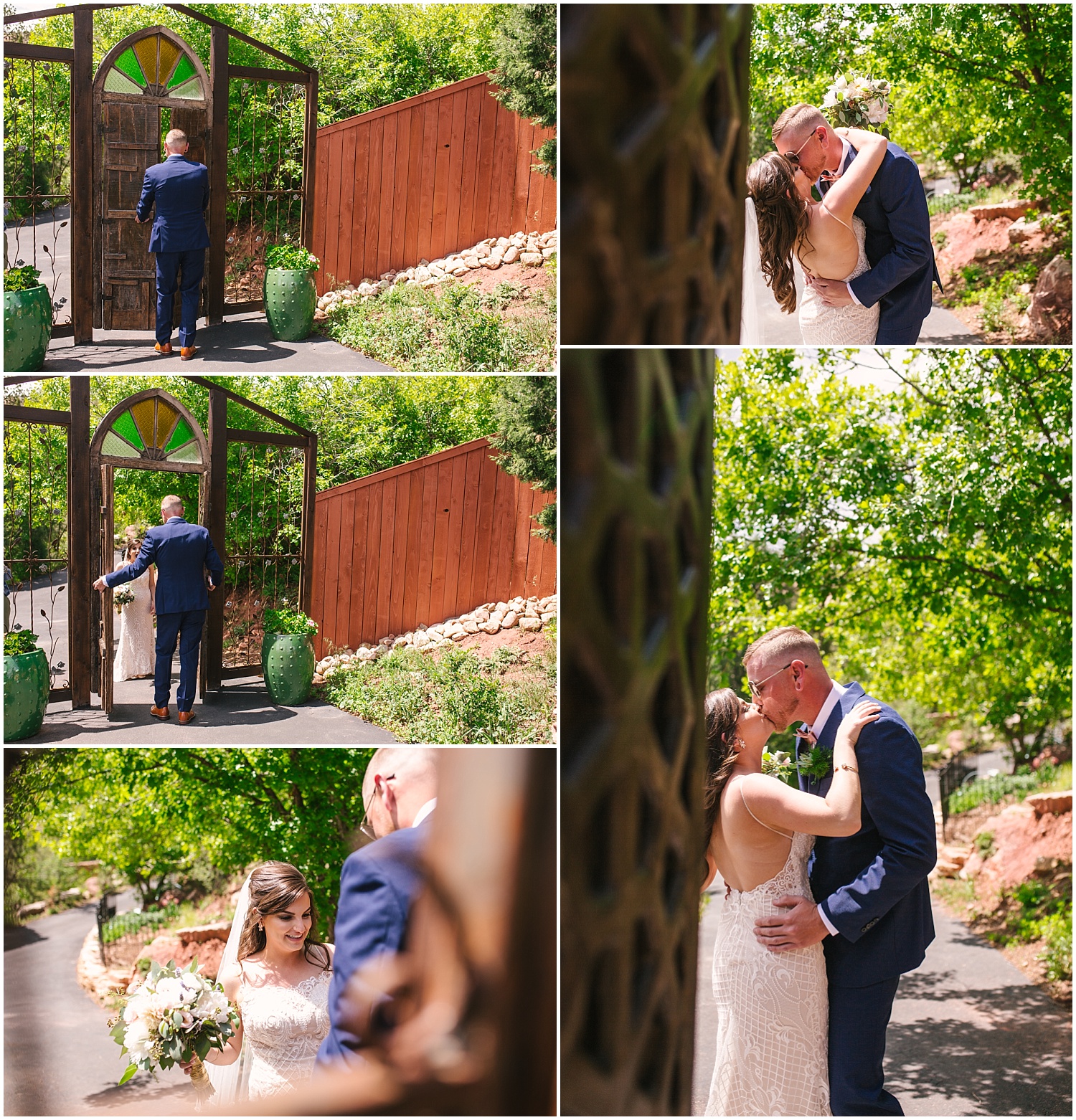 Bride and groom's first look in the garden at Craftwood Inn in Manitou Springs