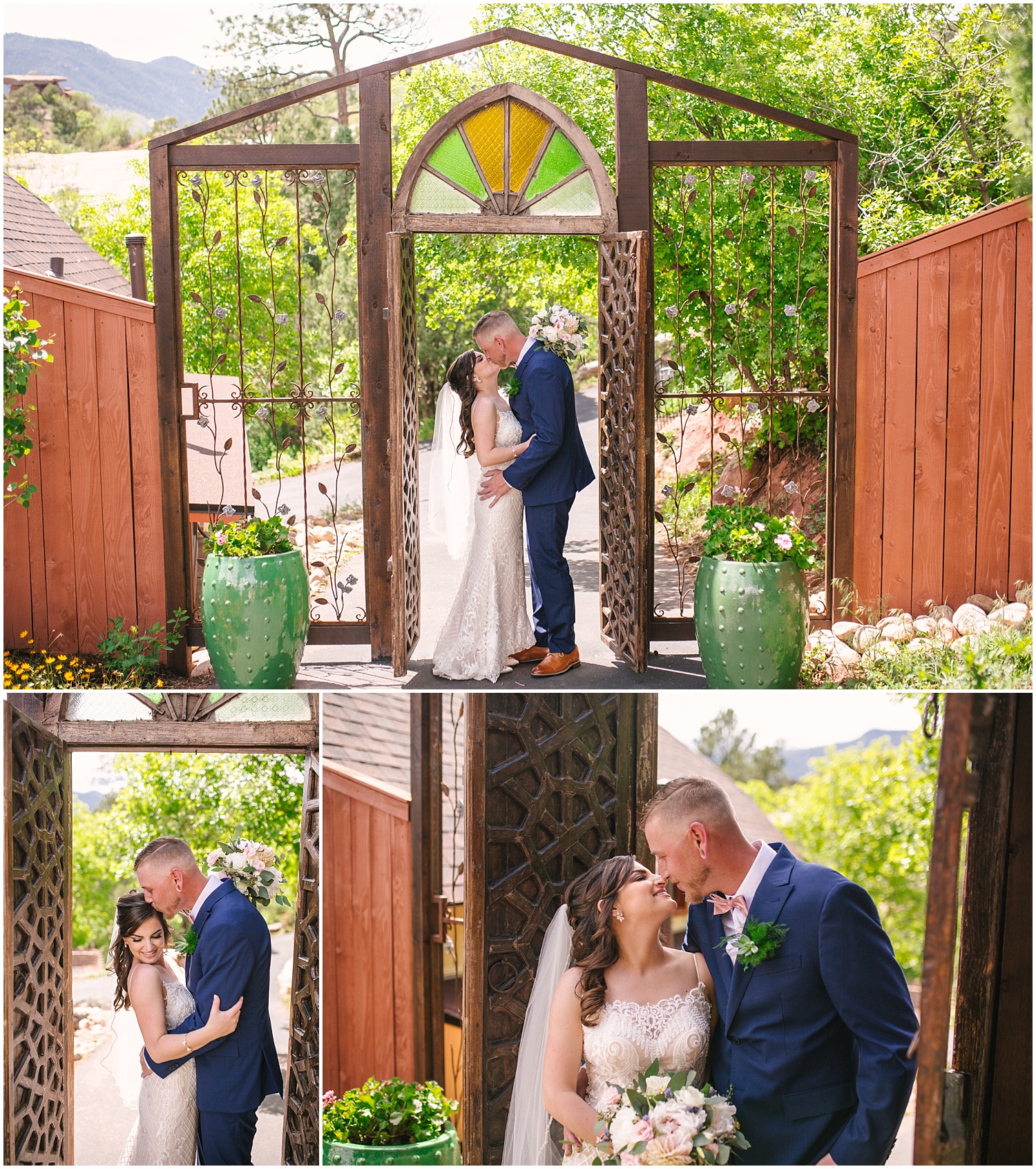 Bride and groom's portraits at iconic gate at Craftwood Inn in Manitou Springs