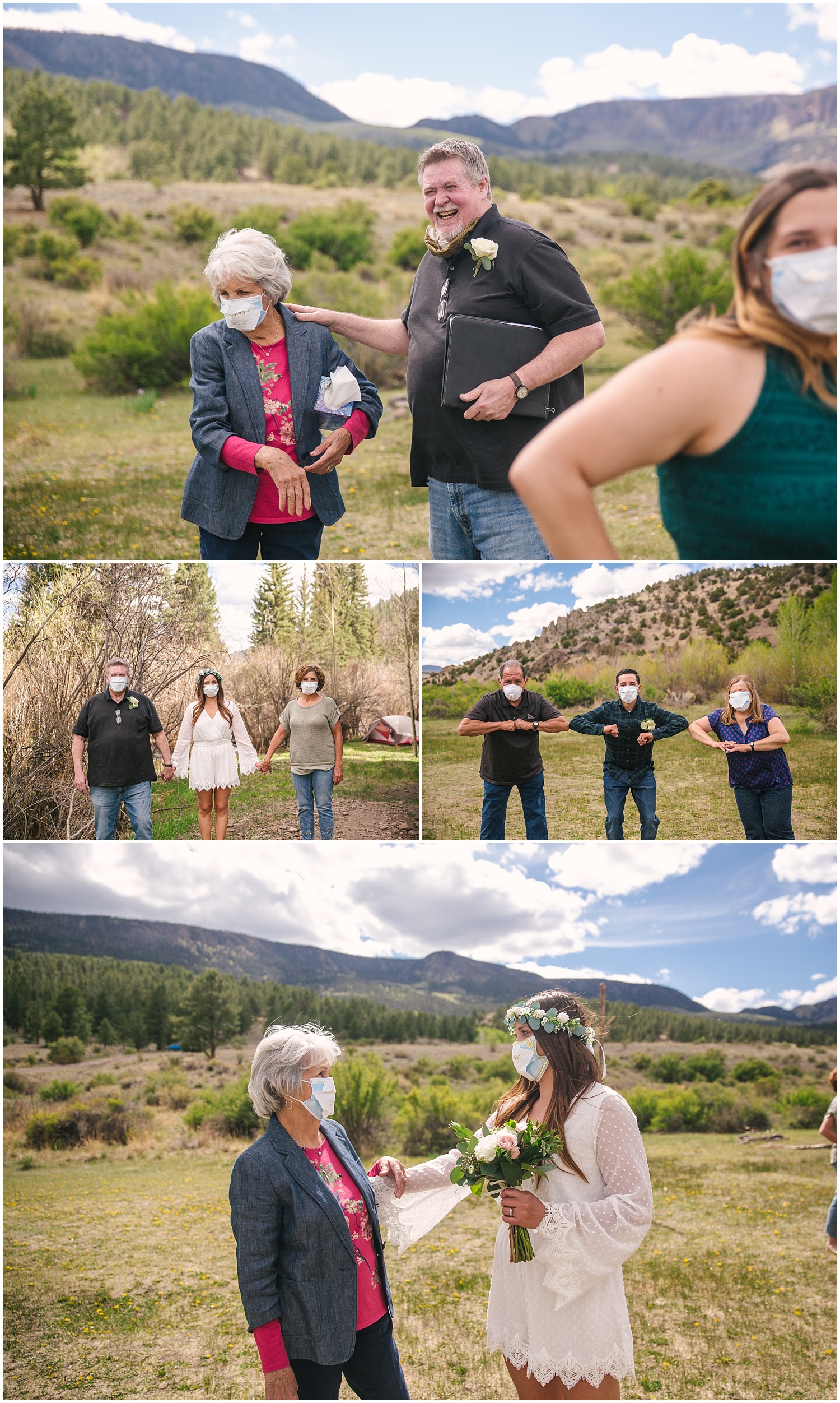 Family photos in face masks at backcountry campsite elopement during COVID-19 crisis