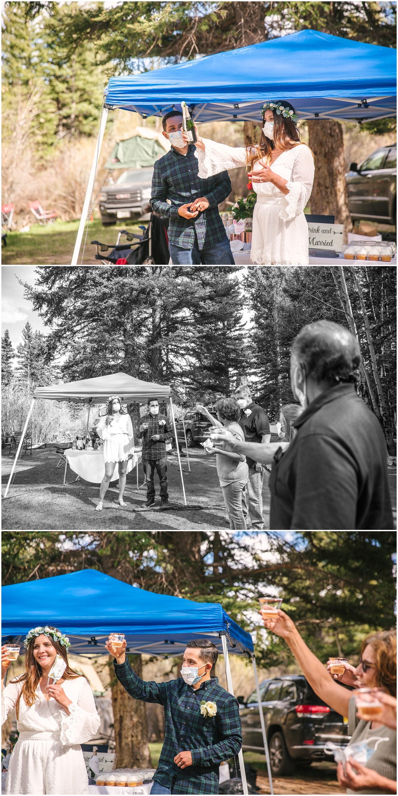 Bride and groom pop champagne to celebrate their backcountry campsite elopement in Colorado