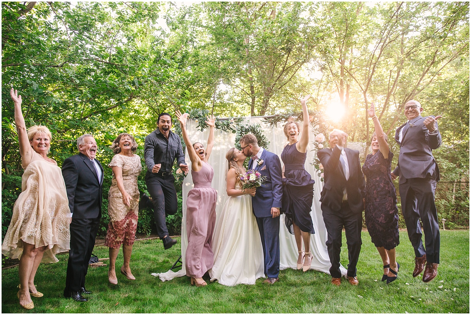 Fun family photos at intimate backyard wedding