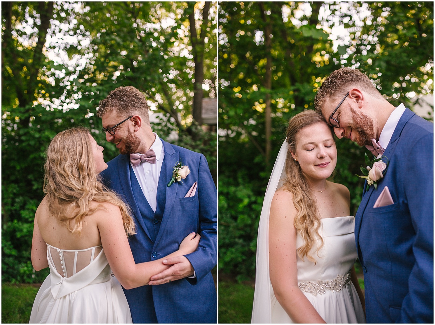 Bride and groom embrace after their intimate backyard wedding ceremony