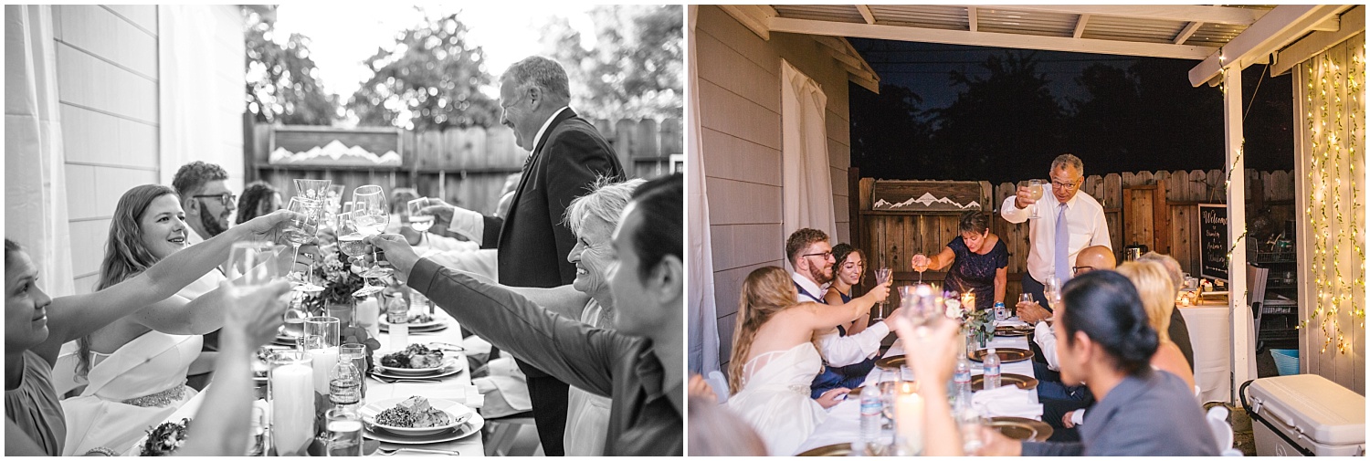 Toasts to the bride and groom at backyard wedding reception dinner
