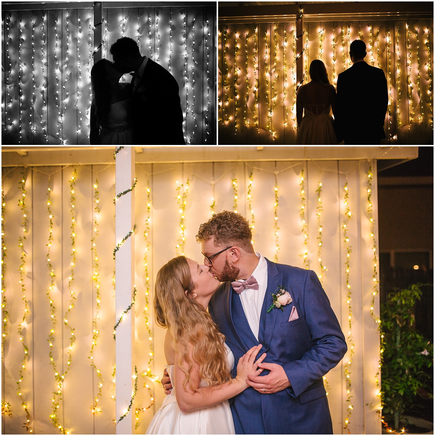 Bride and groom stand in front of twinkle lights at their intimate wedding reception