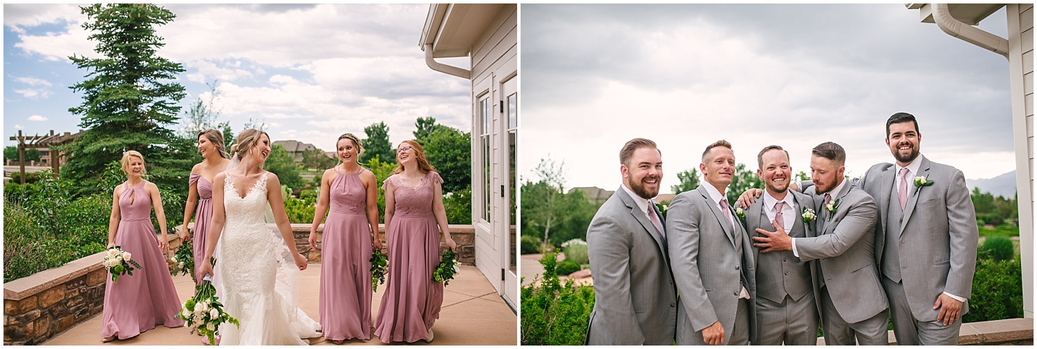 Bridesmaids and groomsmen hanging out on the porch at Cordera for stormy summer wedding in Colorado Springs