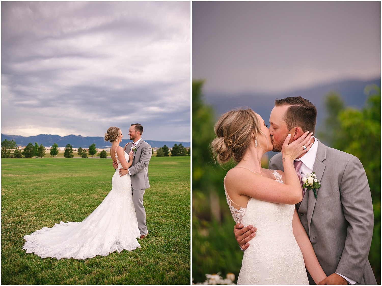 Bride and groom kissing under storm clouds at summer wedding at Cordera Community Center