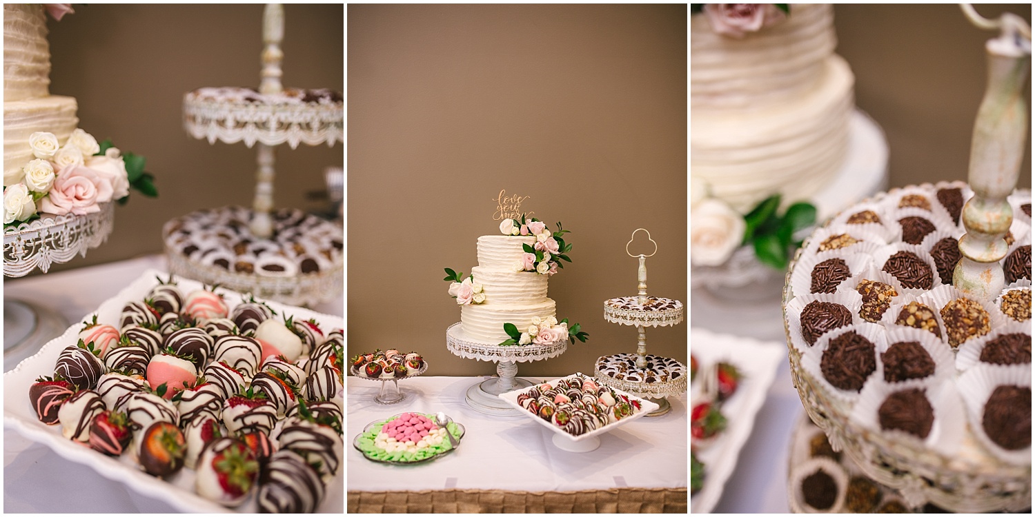 Wedding cake and chocolate candies at dessert table for Cordera wedding in Colorado Springs