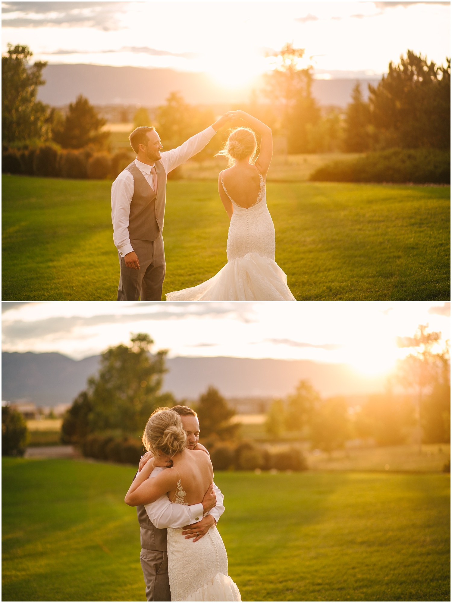Bride and groom dancing at golden hour as sun sets in Colorado Springs