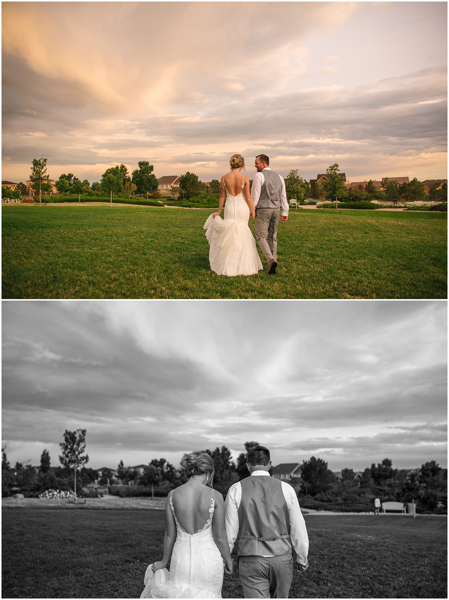 Bride and groom walking together at sunset in Colorado Springs during stormy summer wedding