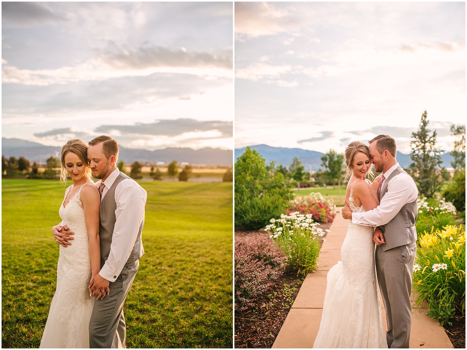 Bride and groom hugging surrounded by flowers and mountains at Cordera in Colorado Springs
