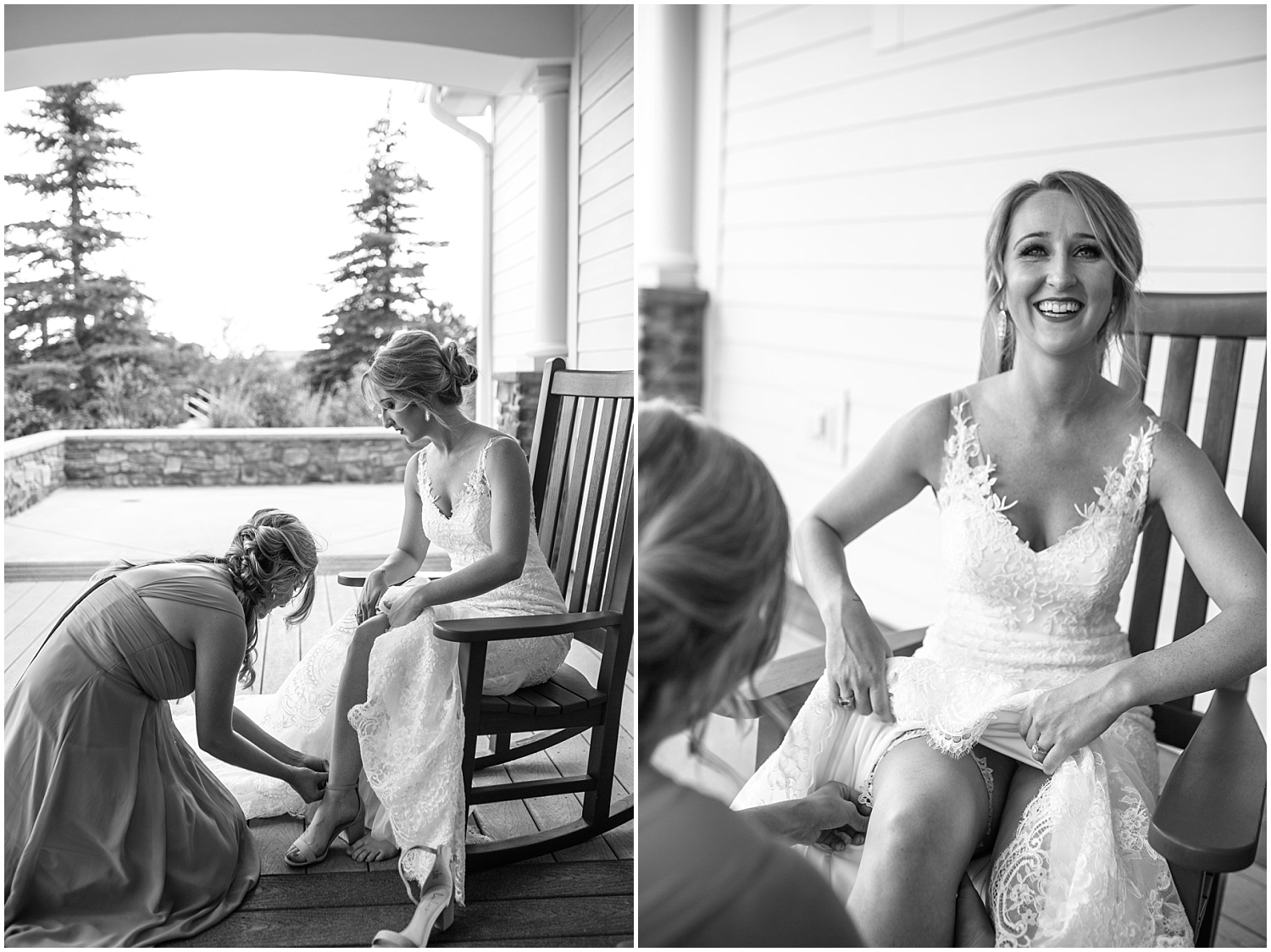 Bride putting on her shoes and garter before wedding in Colorado Springs