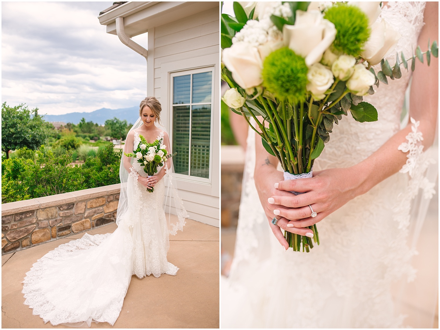 Bride with a long train and bouquet of white roses and natural greenery at Cordera wedding in Colorado Springs