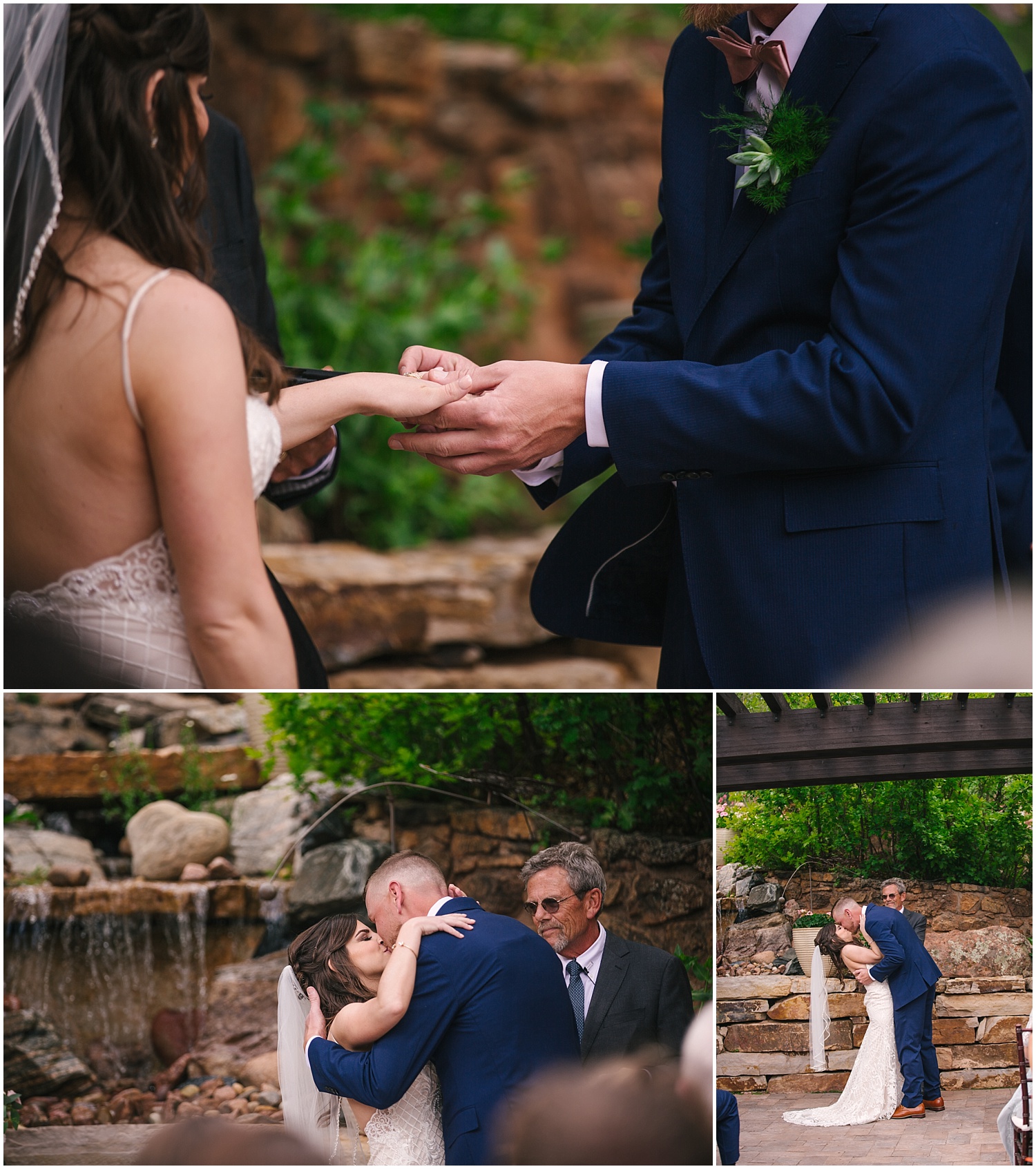 Bride and groom's first kiss at Craftwood Inn wedding ceremony