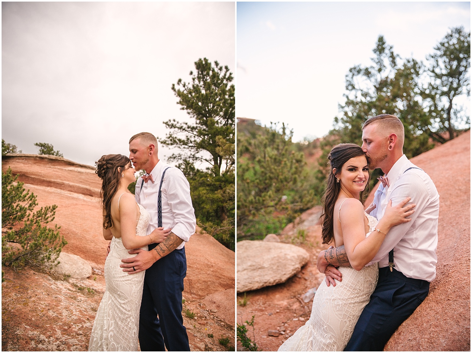 Colorado bride and groom cuddling in the red rocks at Craftwood Inn in Manitou Springs