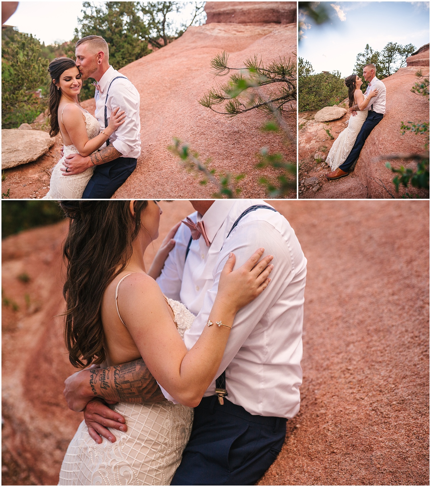 Colorado bride and groom cuddling in the red rocks in Manitou Springs