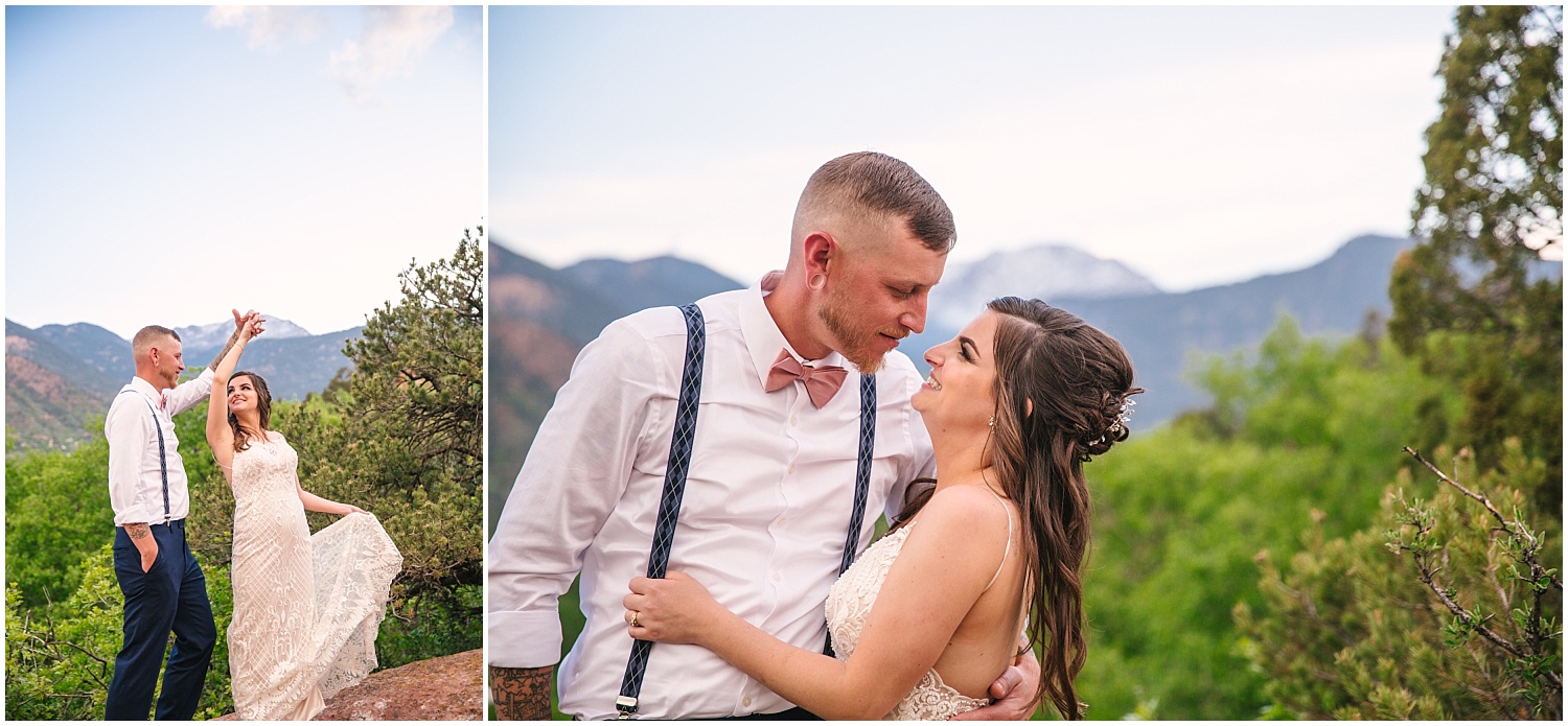 Bride and groom portraits on red rocks in front of Pikes Peak at Craftwood Inn in Manitou Springs Colorado