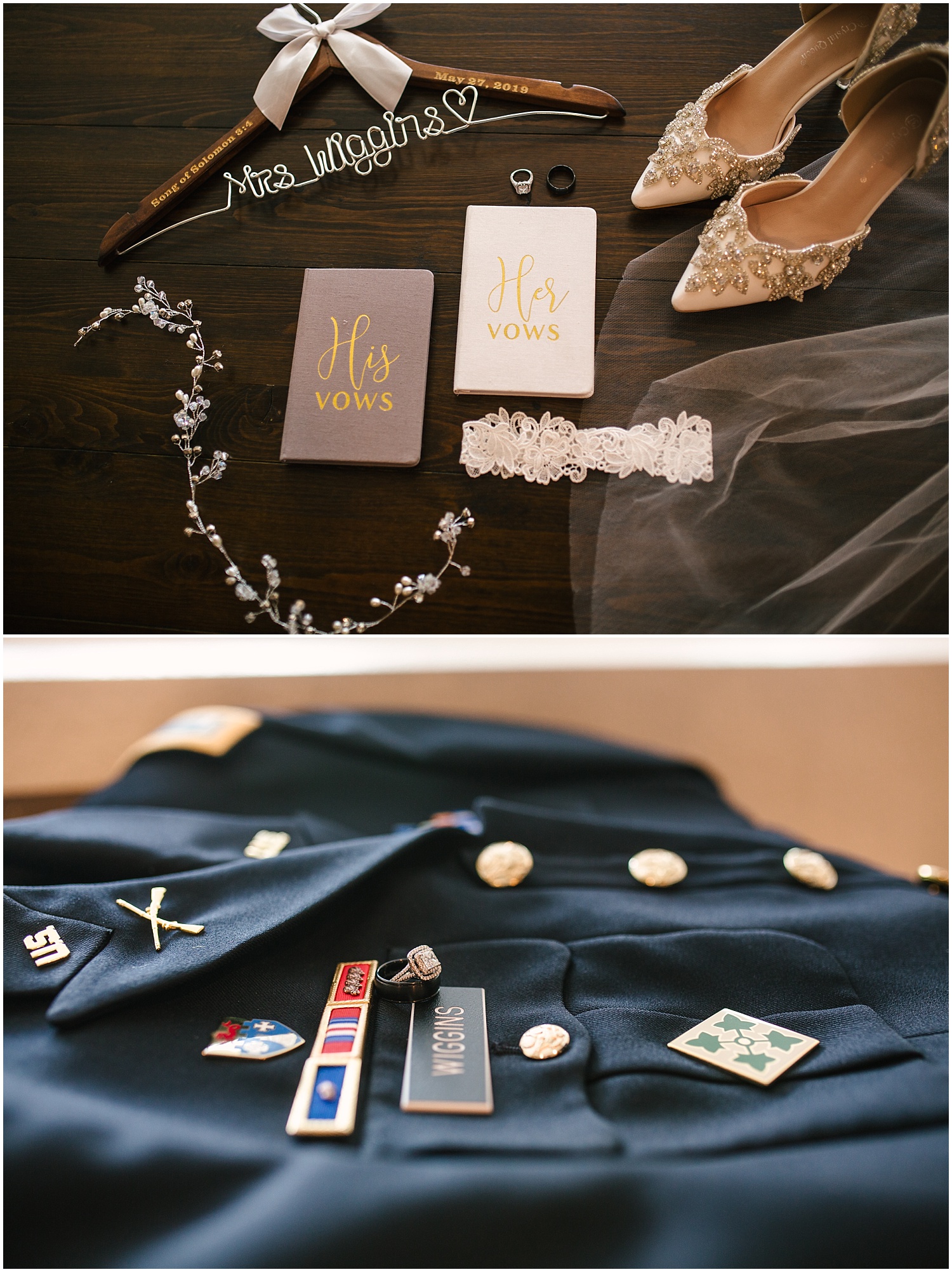 Bridal details and groom's military uniform details at Creekside Event Center wedding