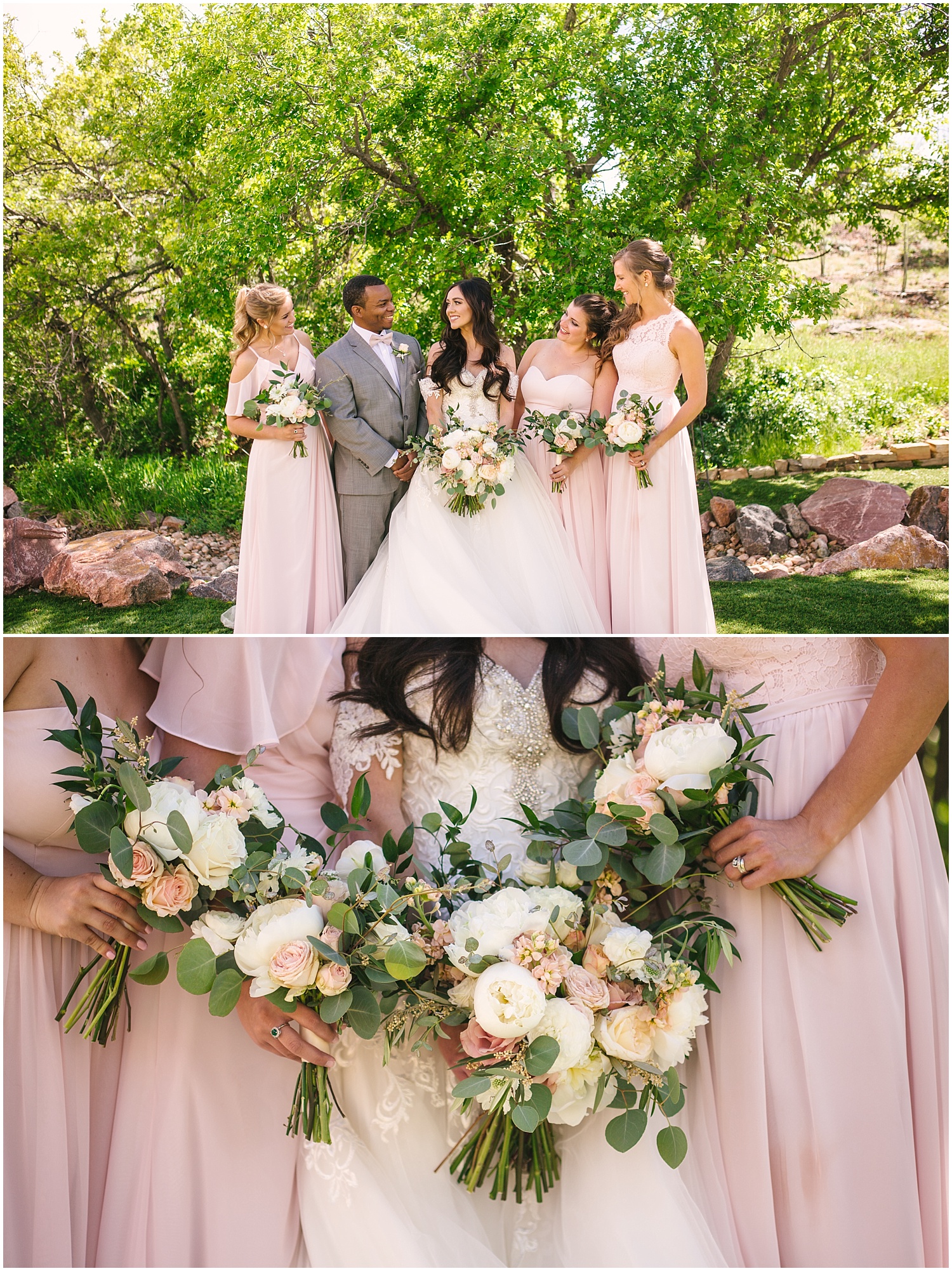 Pink, white, and grey color palette for bridal party