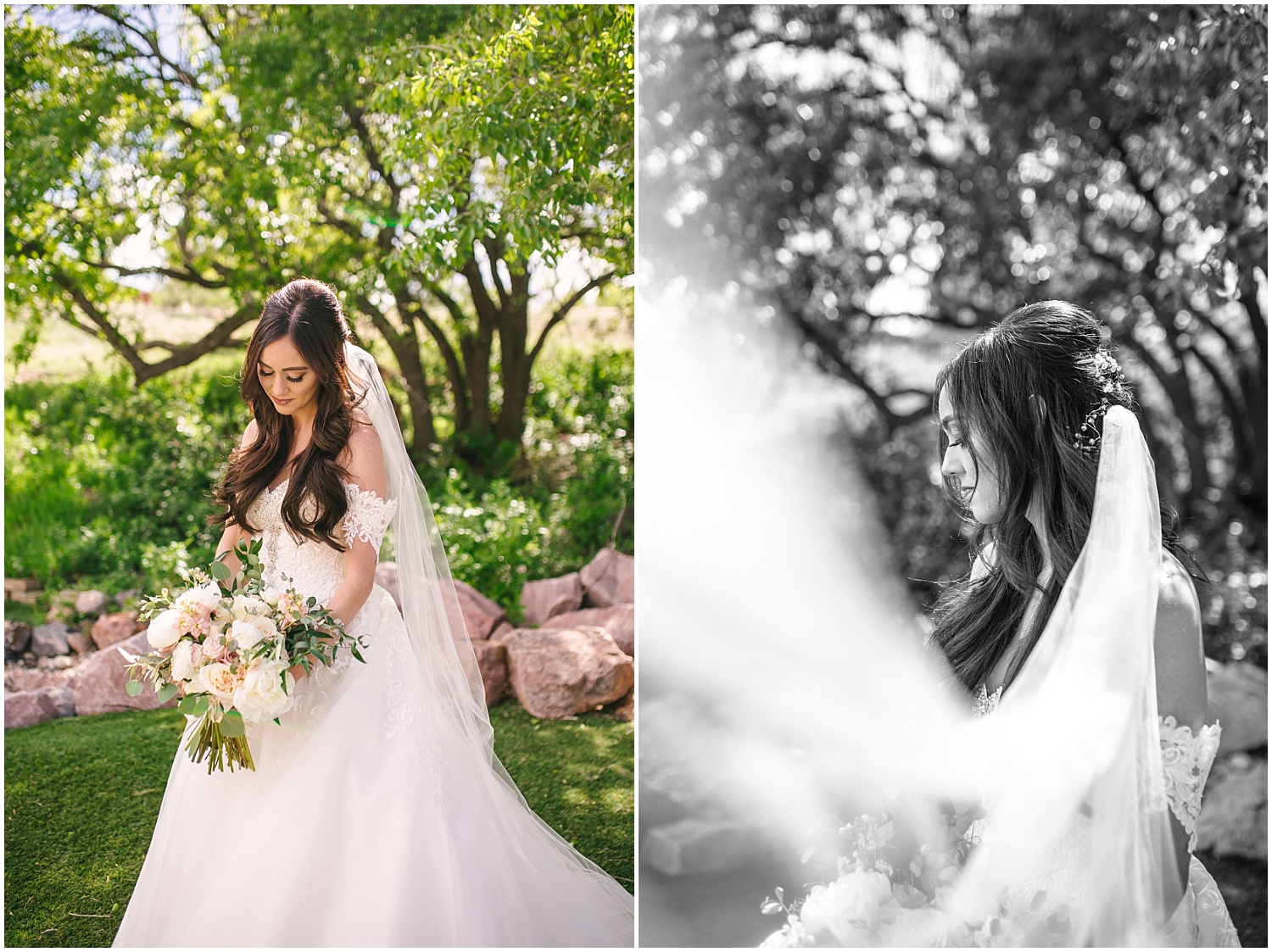 Bride with long veil and peony bouquet under the trees at Creekside Event Center