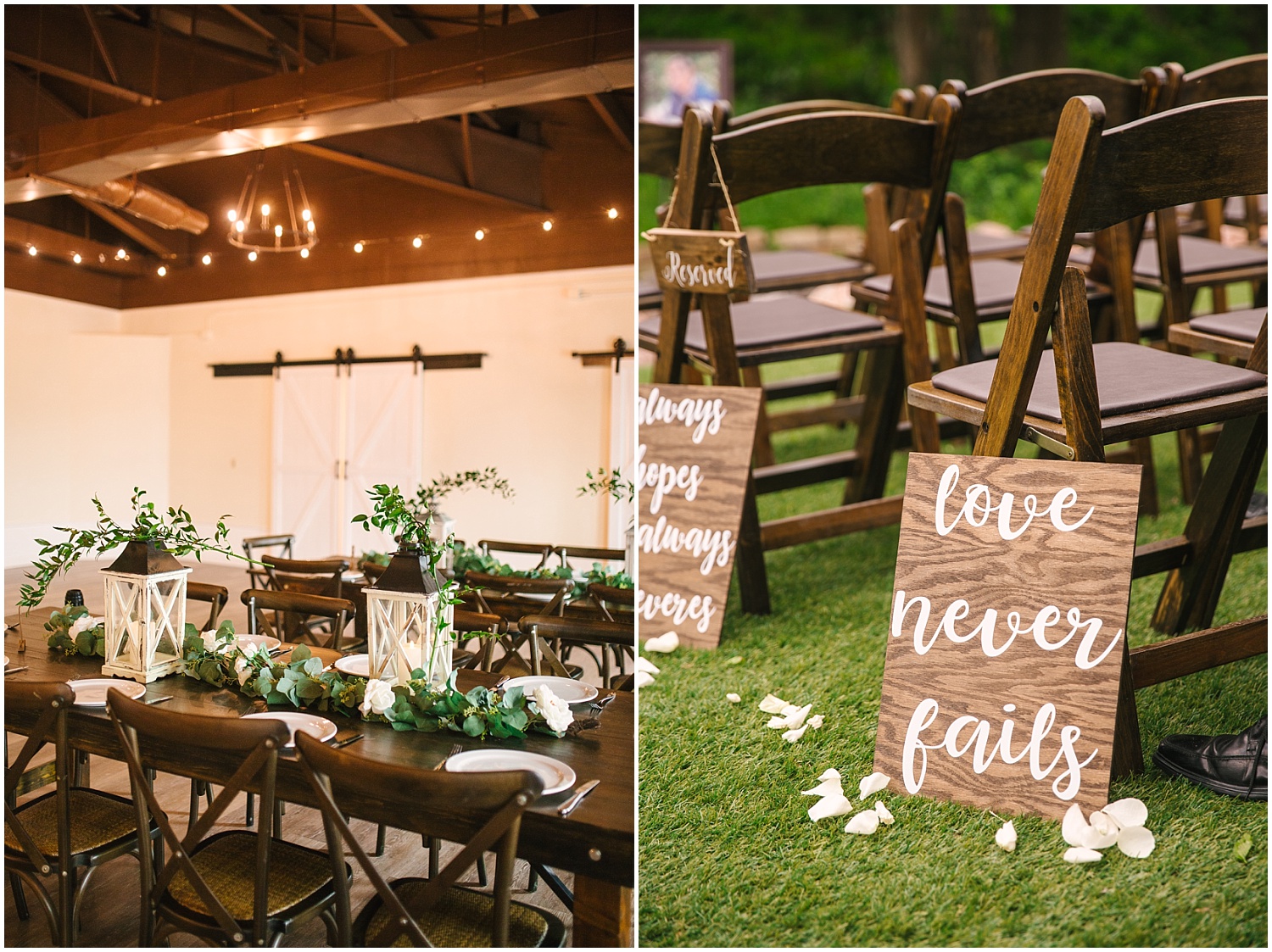 Rustic wedding details, green table runners, and lanterns decorate Creekside Event Center wedding