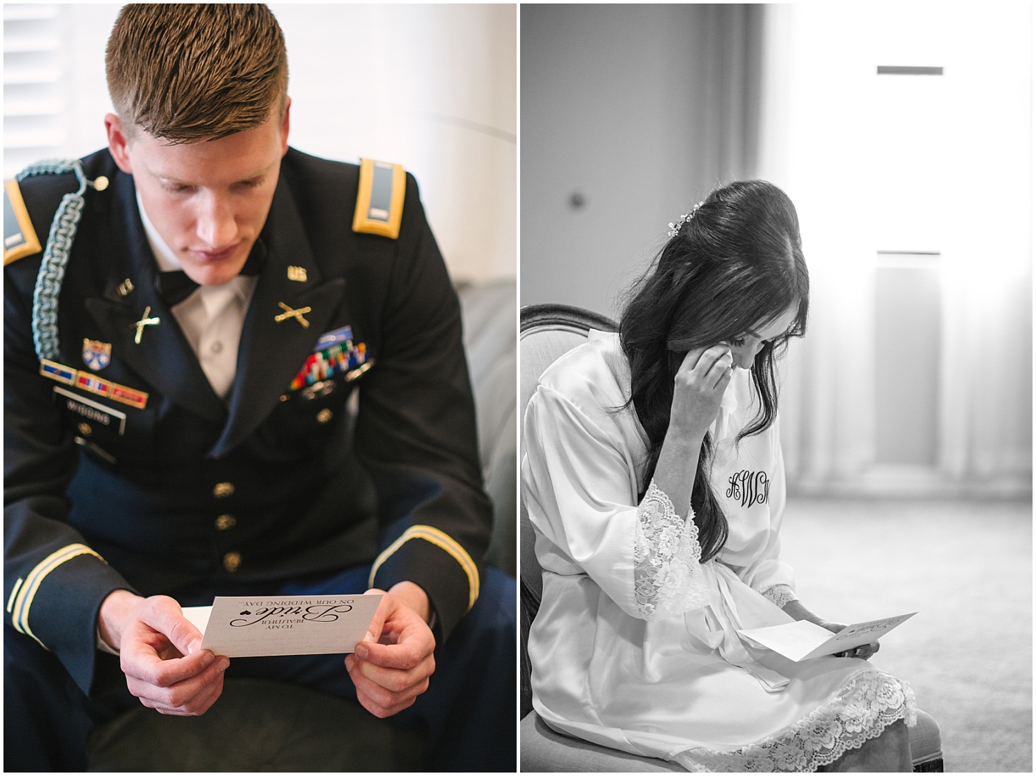 Bride and groom read letters to each other before their wedding at Creekside Event Center