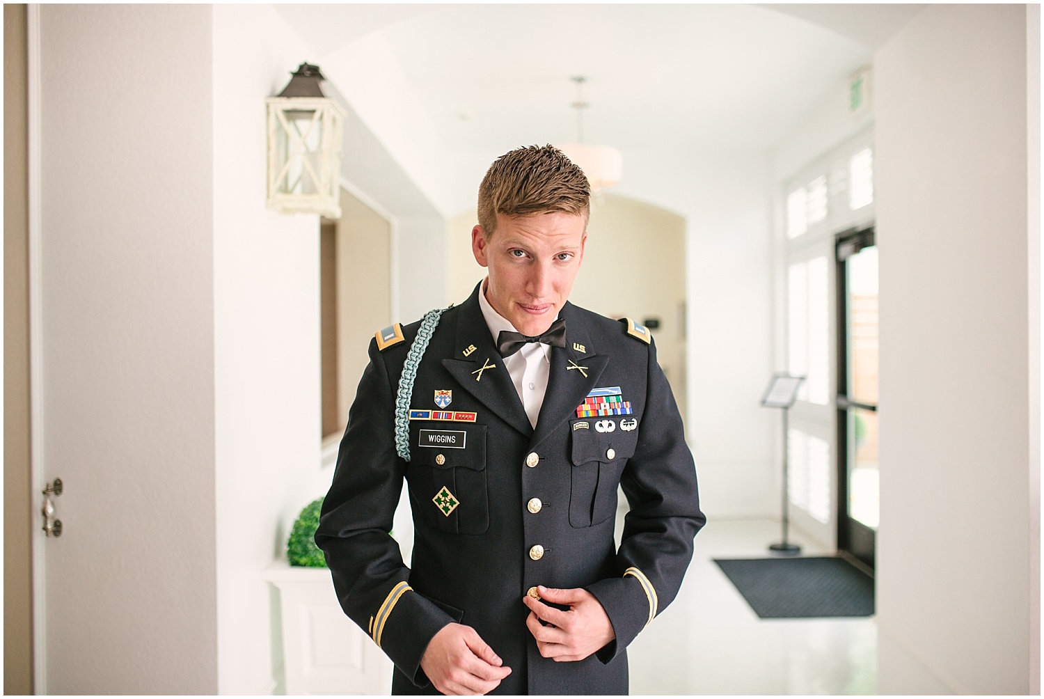 Groom wearing Army dress blues uniform for wedding at Creekside Event Center in Colorado Springs