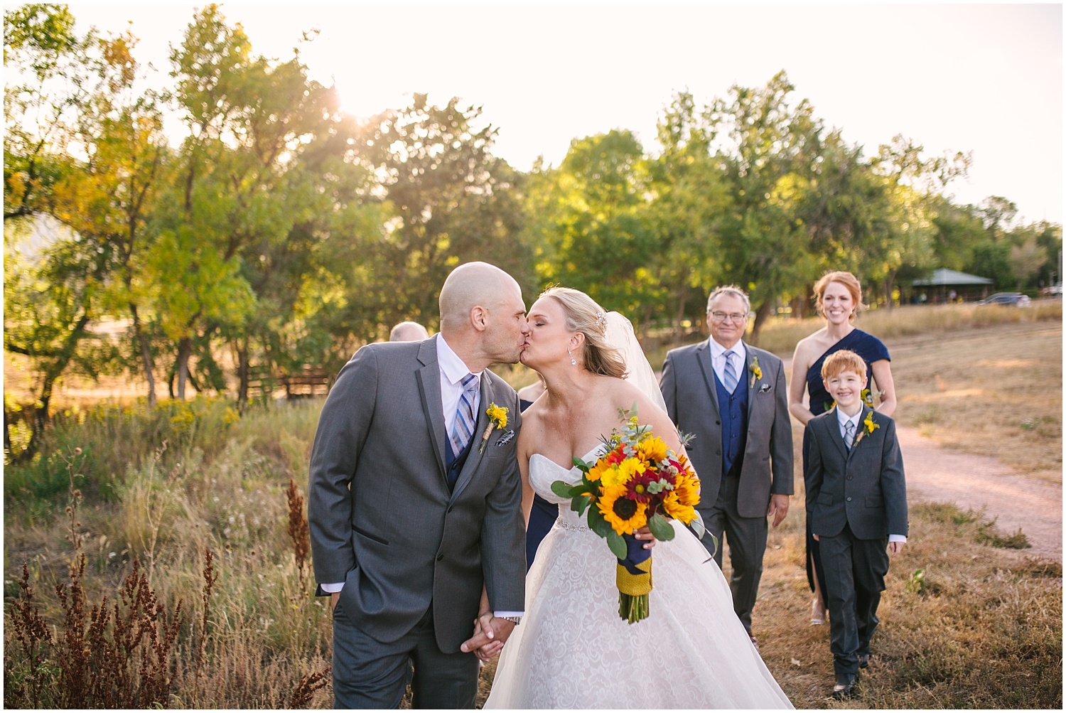 Wedding party pictures at sunset in Bear Creek Park in Colorado Springs