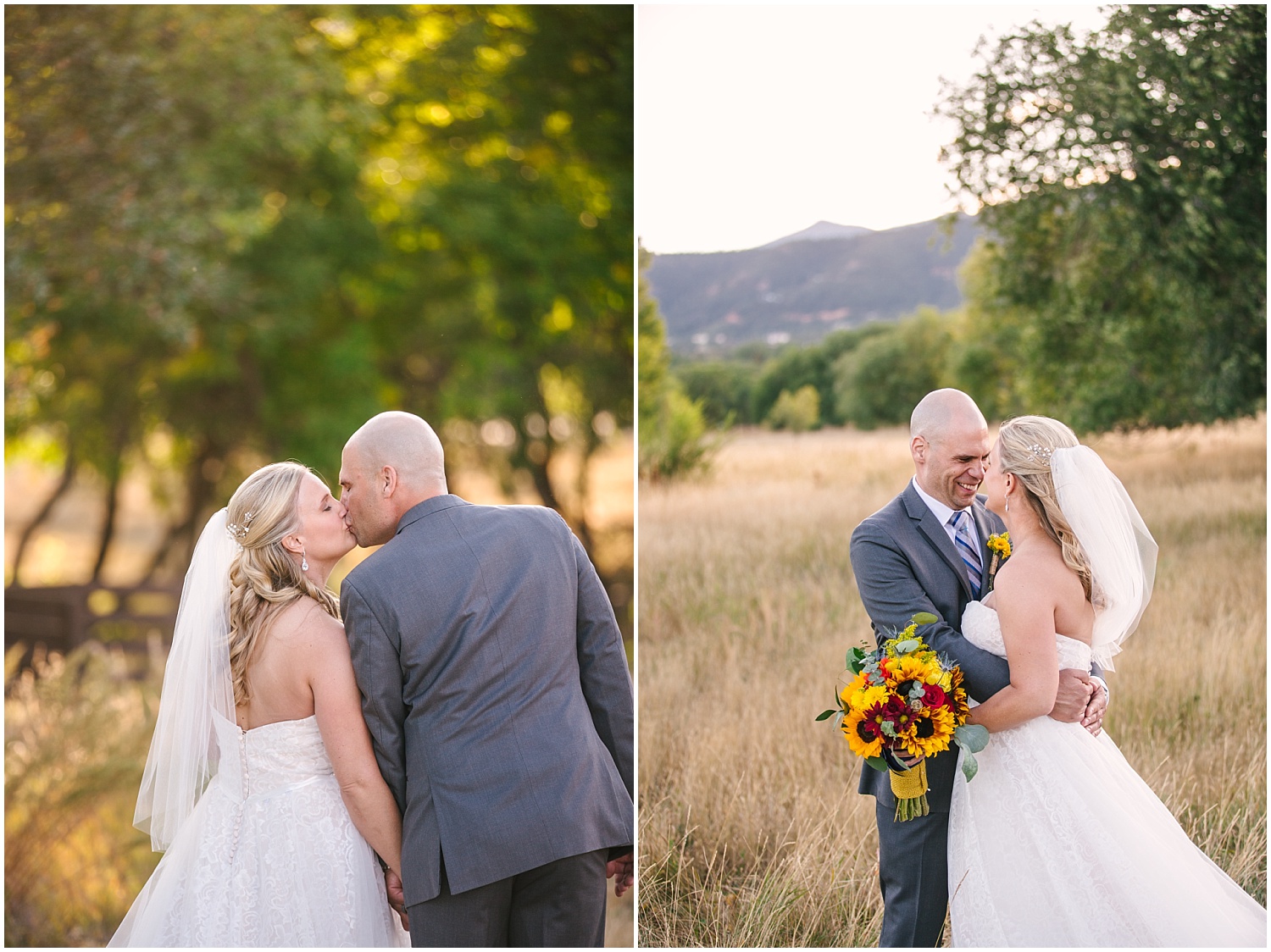 Bride and groom stand in a field at Bear Creek Park in Colorado Springs