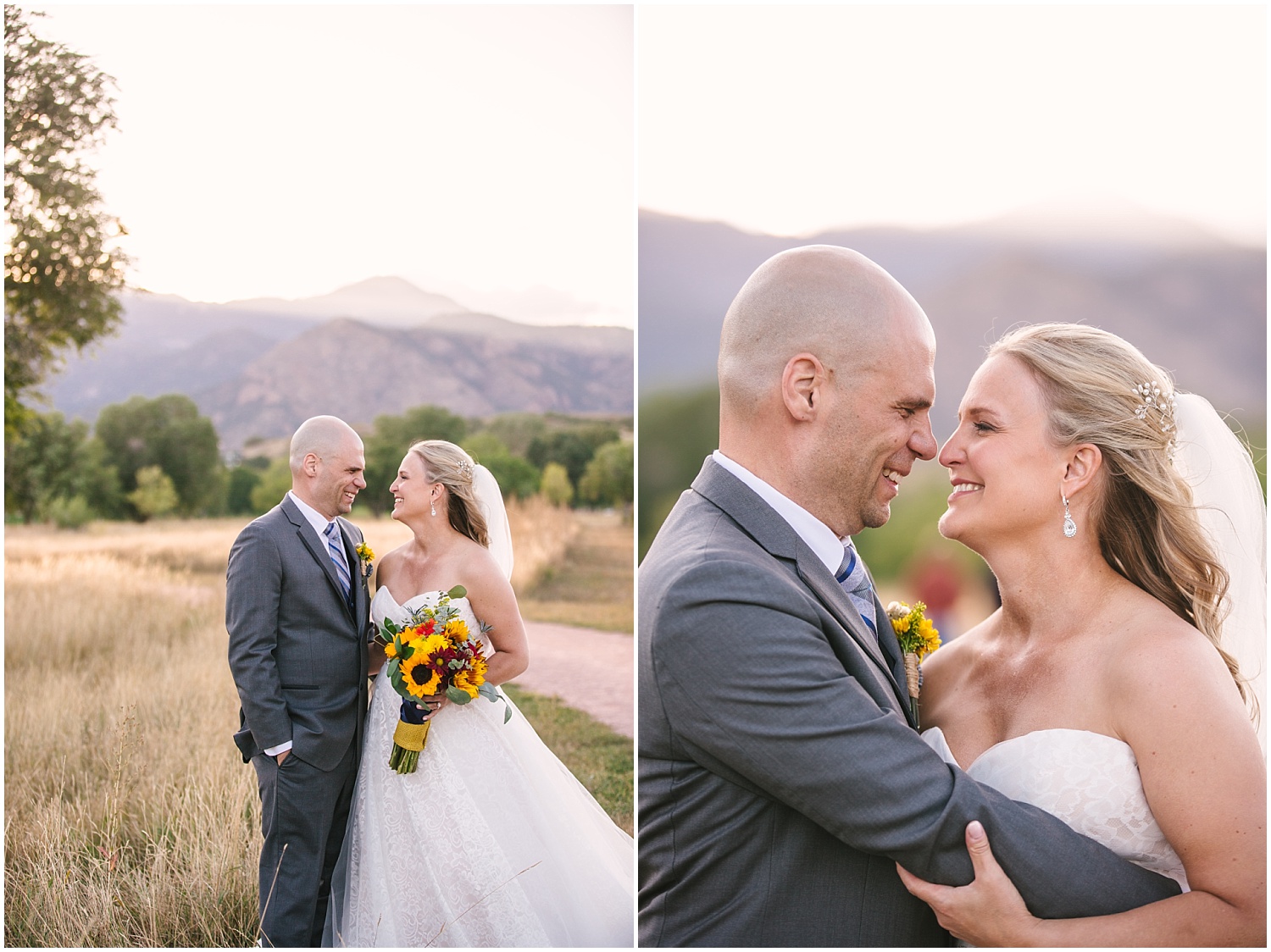 Bride and groom portraits at sunset in front of Pikes Peak in Colorado Springs