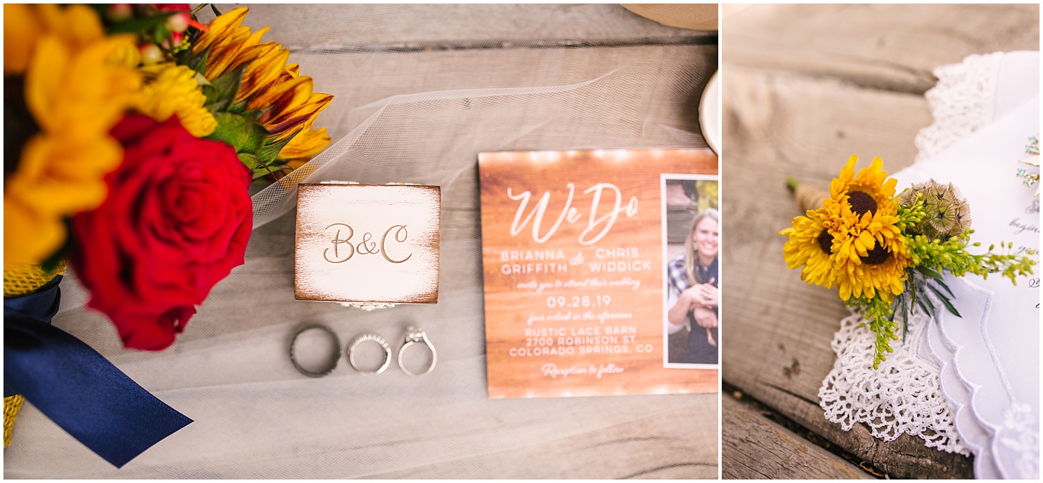 Wedding rings, invitation, and sunflower details