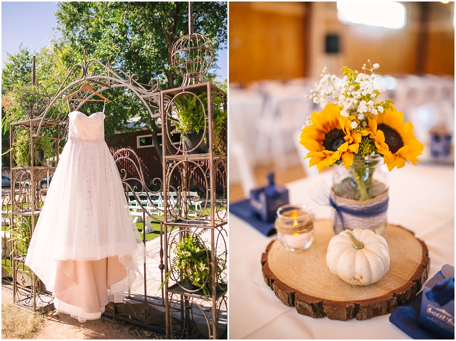 Wedding dress and sunflower bouquets at Rustic Lace Barn venue
