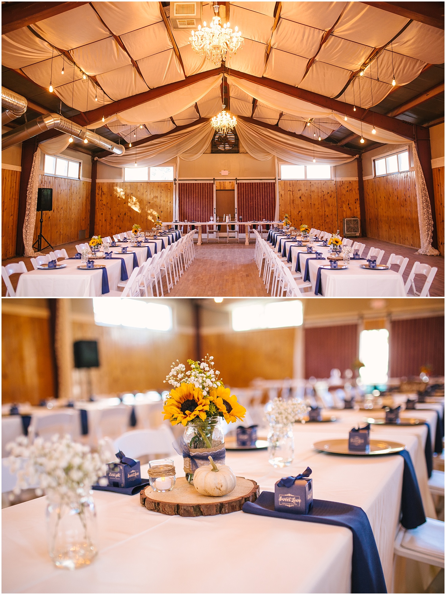 Rustic Lace Barn wedding reception with sunflowers, white mini pumpkins, and navy blue napkins