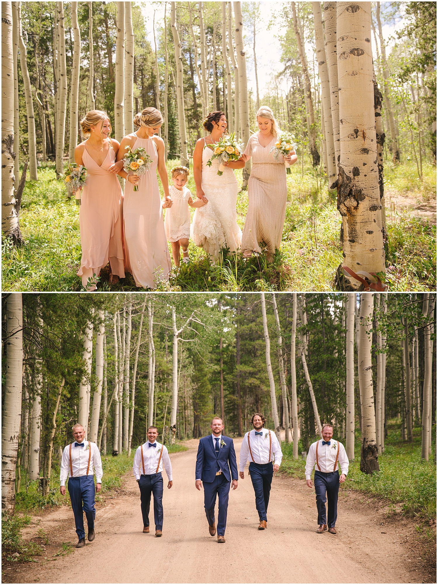 Bridesmaids in soft pink hues and groomsmen in navy suits for summer Colorado wedding