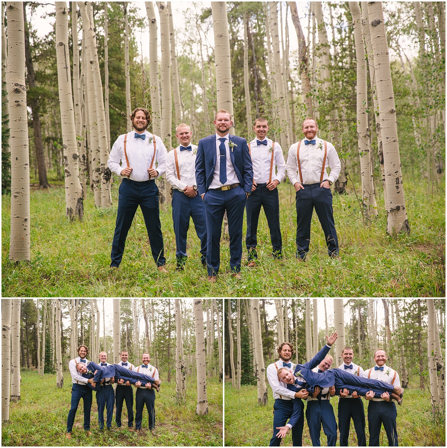 Groom with his groomsmen in navy suits for summer Colorado wedding