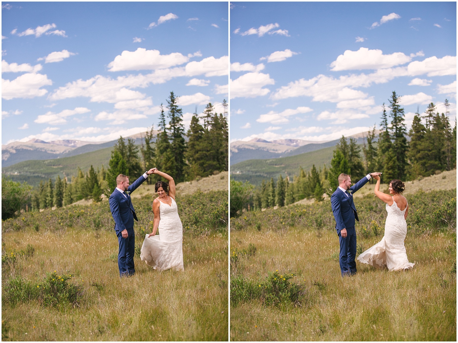 Bride and groom dancing in a field in Kenosha Pass Colorado