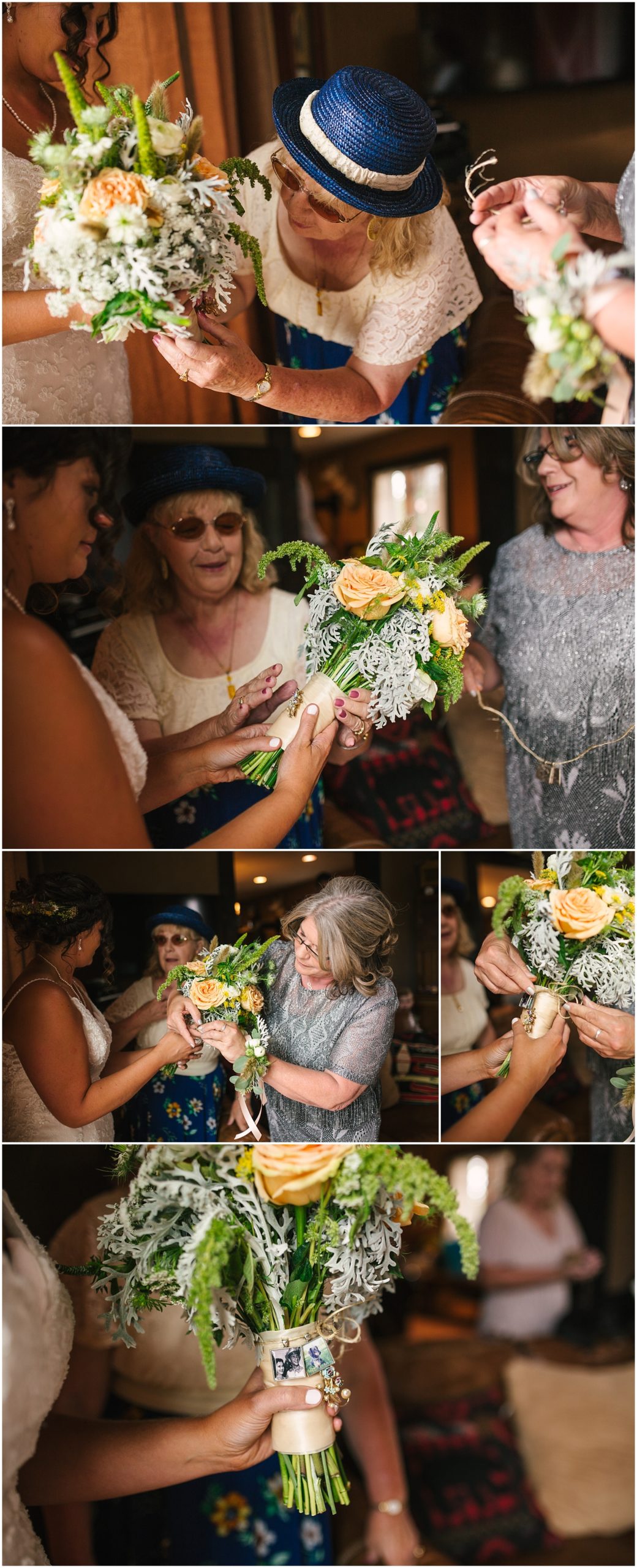 Bride's mom and aunt help pin grandmother's locket to her bouquet
