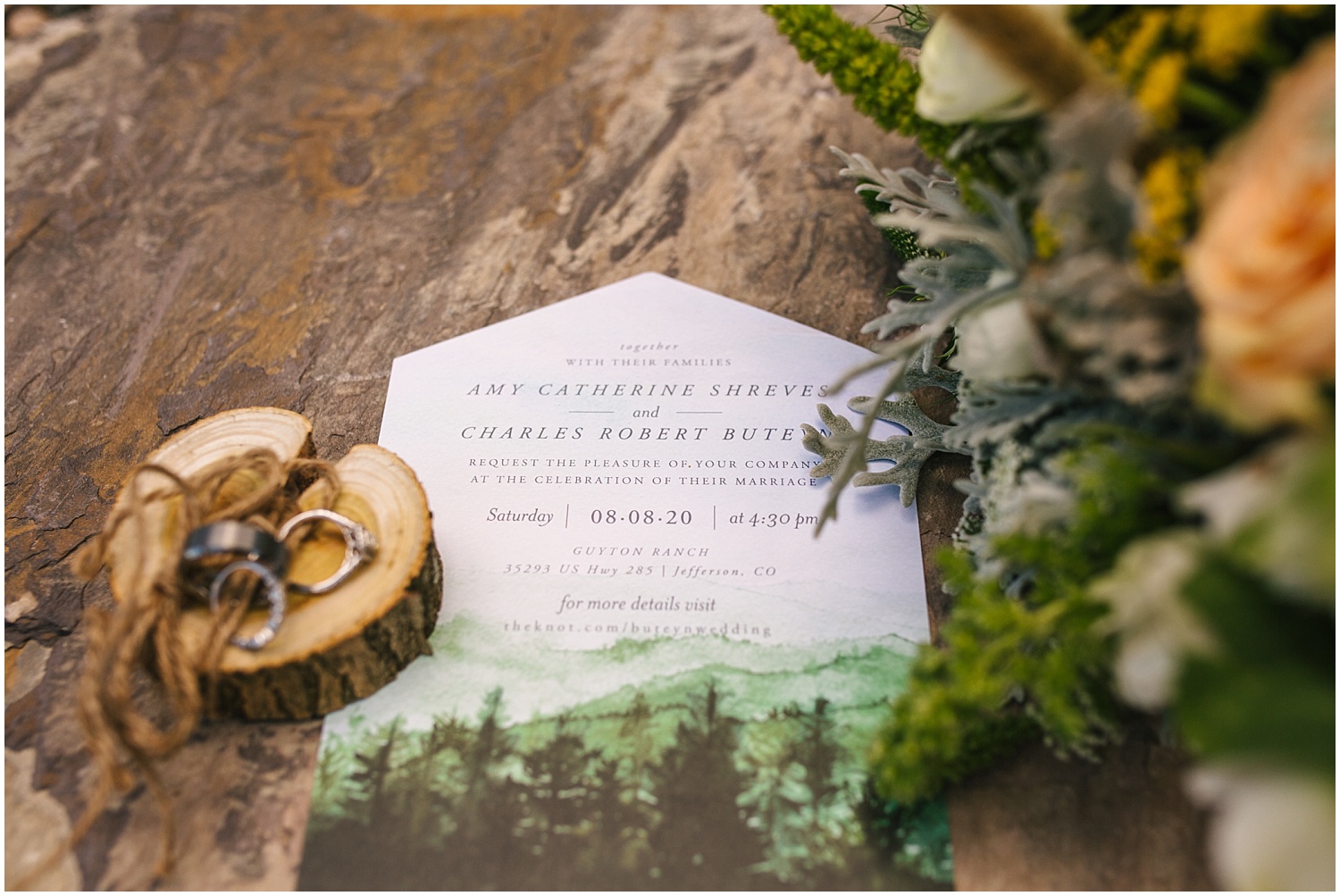 Guyton Ranch Wedding invitation suite with bride's bouquet and the wedding rings