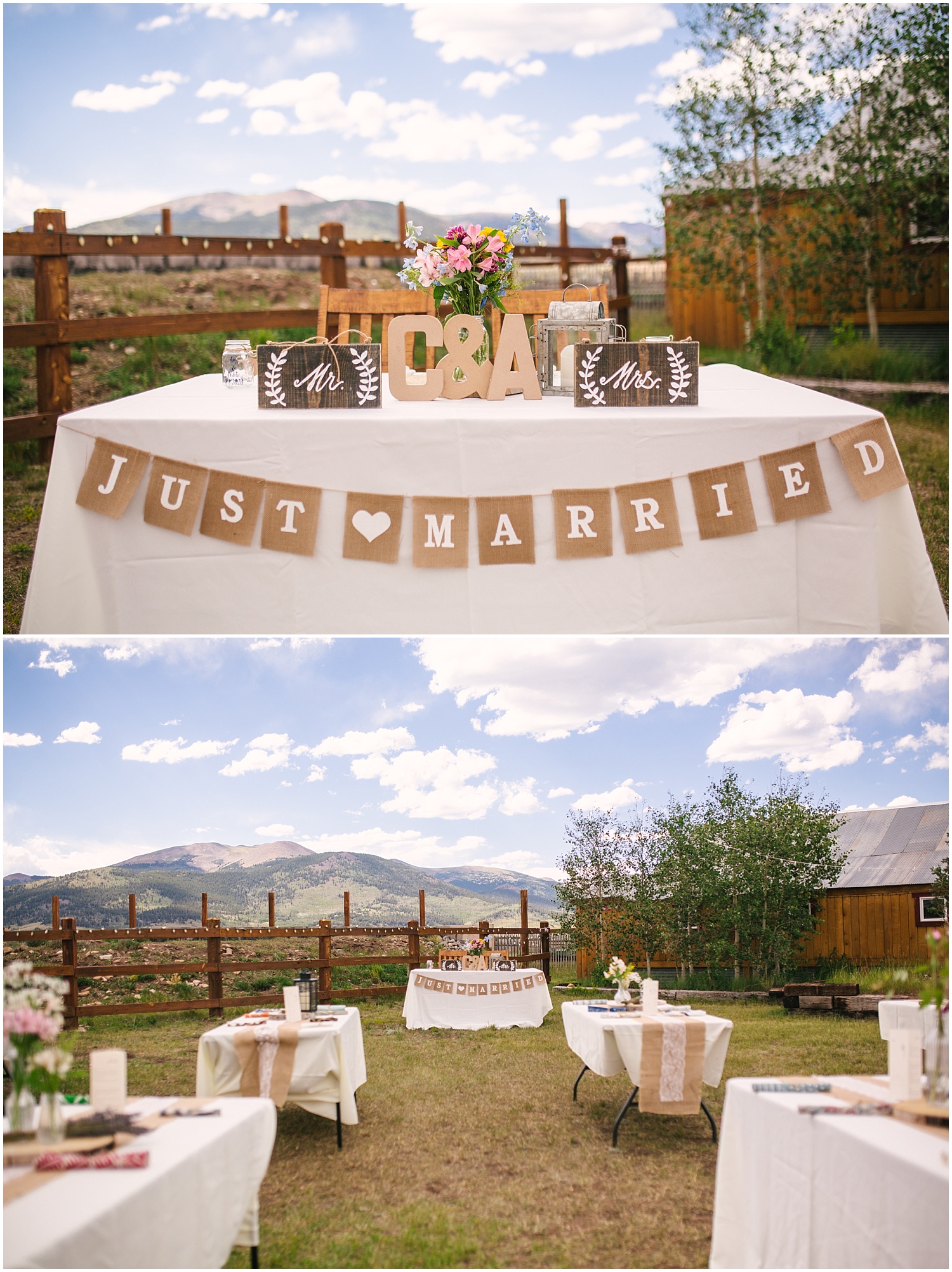 Simple farmhouse style table decor for outdoor Guyton Ranch wedding reception