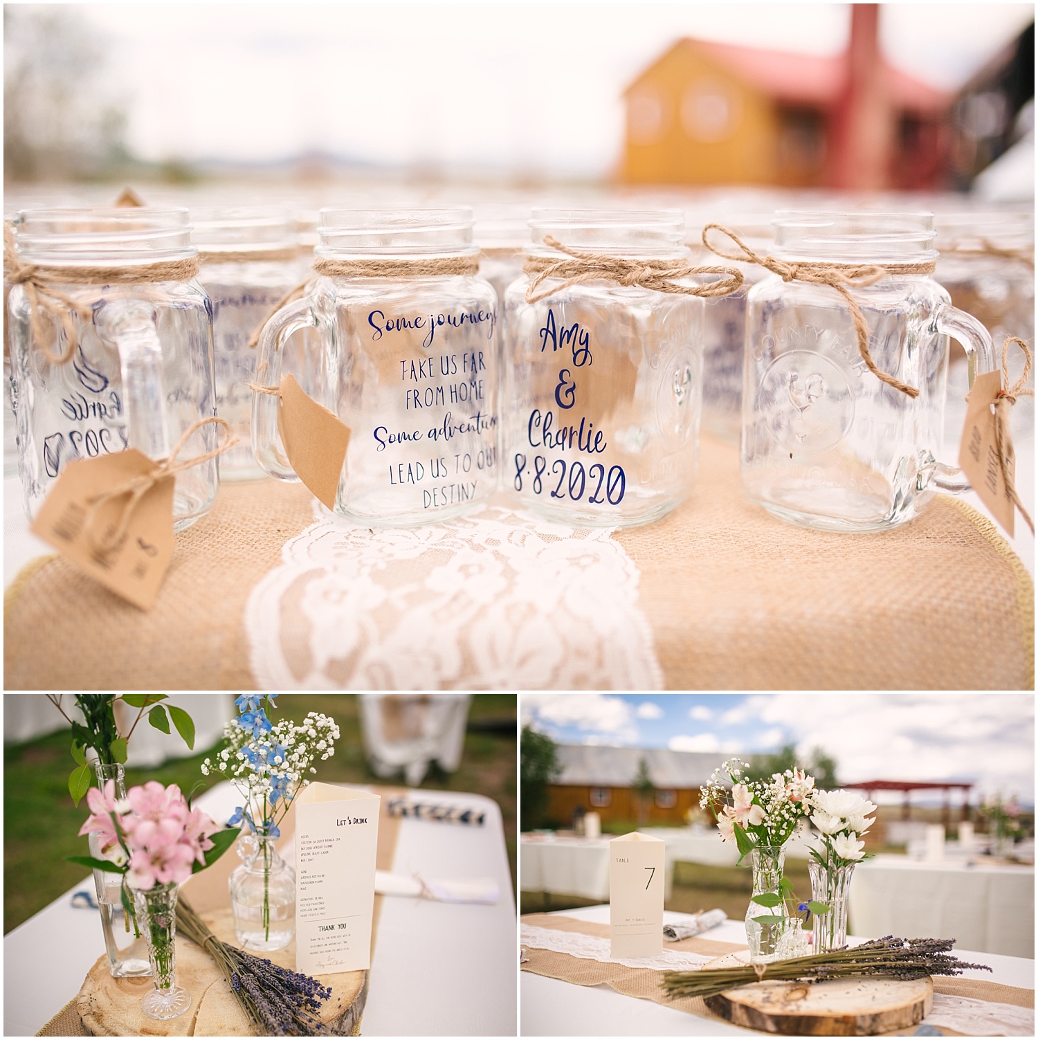 Mason jars with lace and burlap details for rustic outdoor wedding at Guyton Ranch