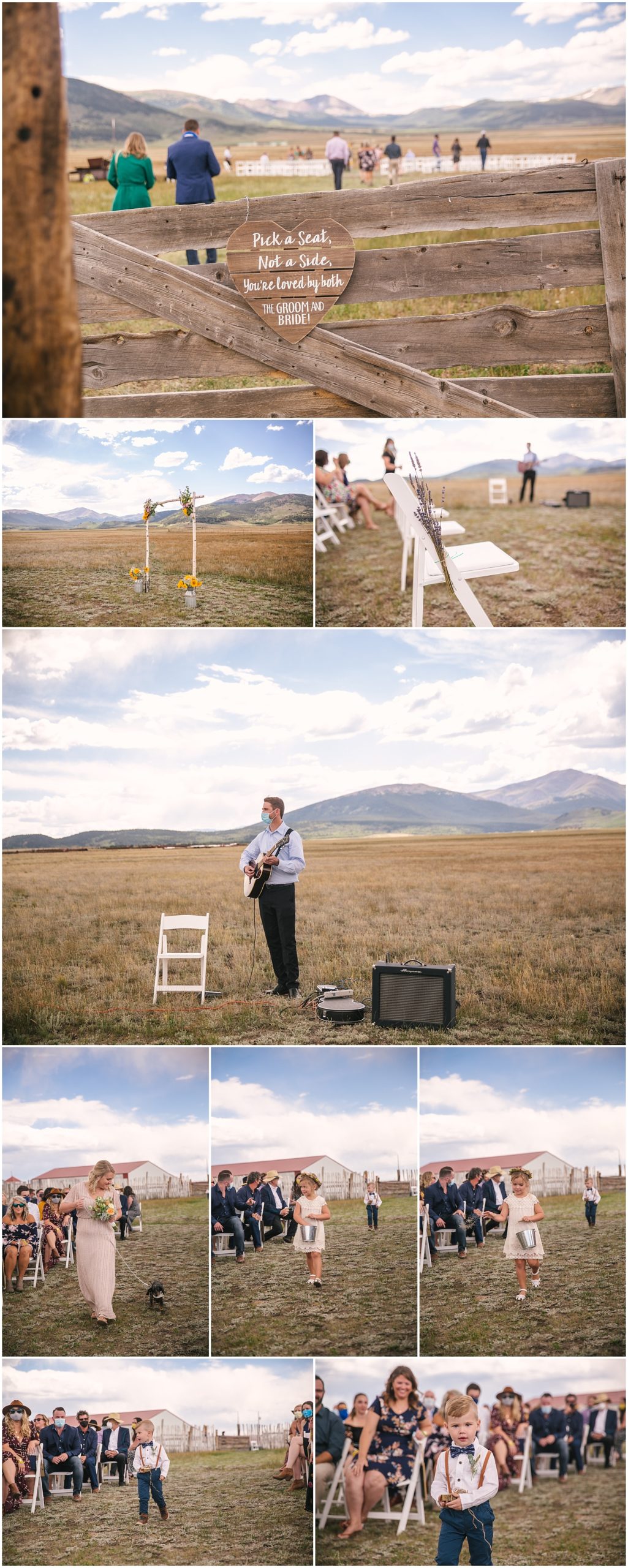 Guyton Ranch wedding ceremony in a field overlooking mountains near Fairplay Colorado