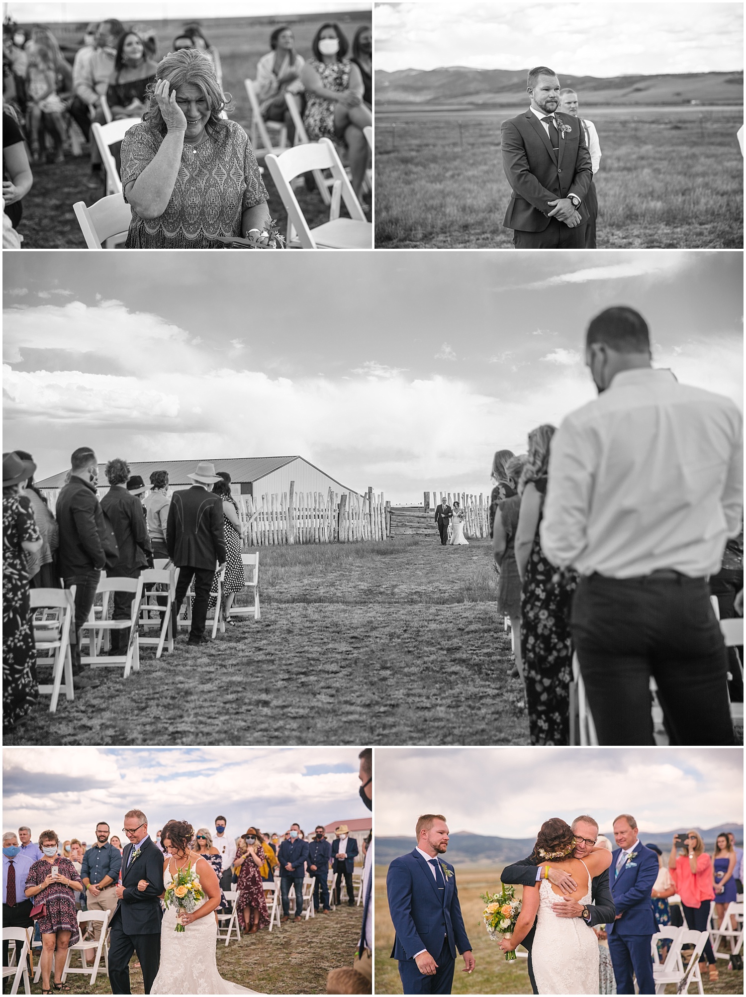 Guyton Ranch wedding ceremony in a field overlooking mountains near Fairplay Colorado