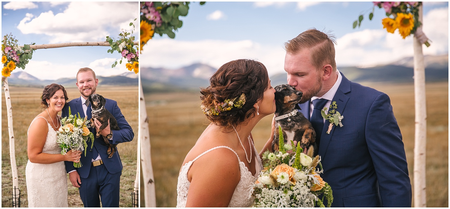 Bride and groom love on their dachshund flower girl