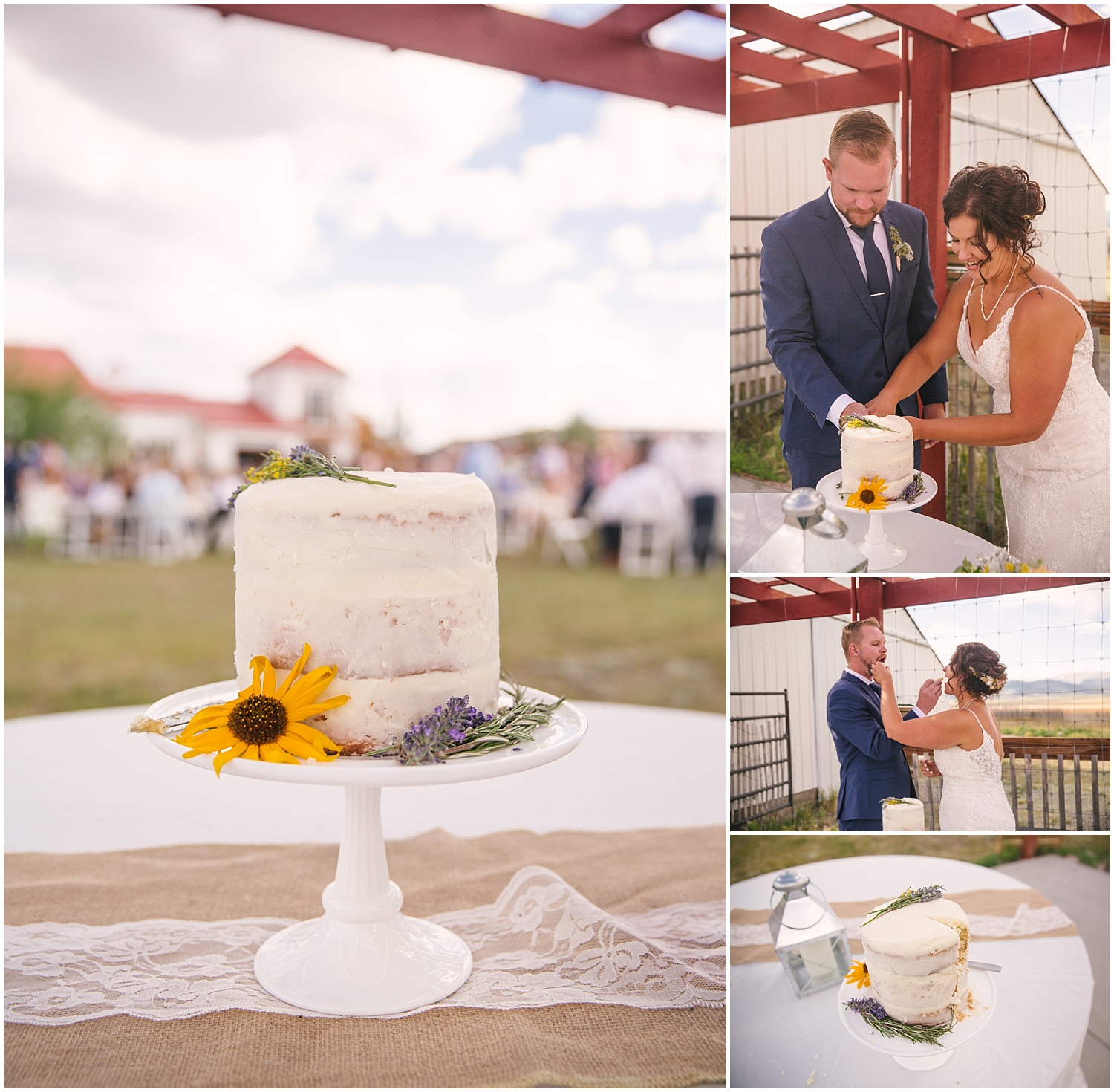 Bride and groom cutting their cake at their Guyton Ranch wedding