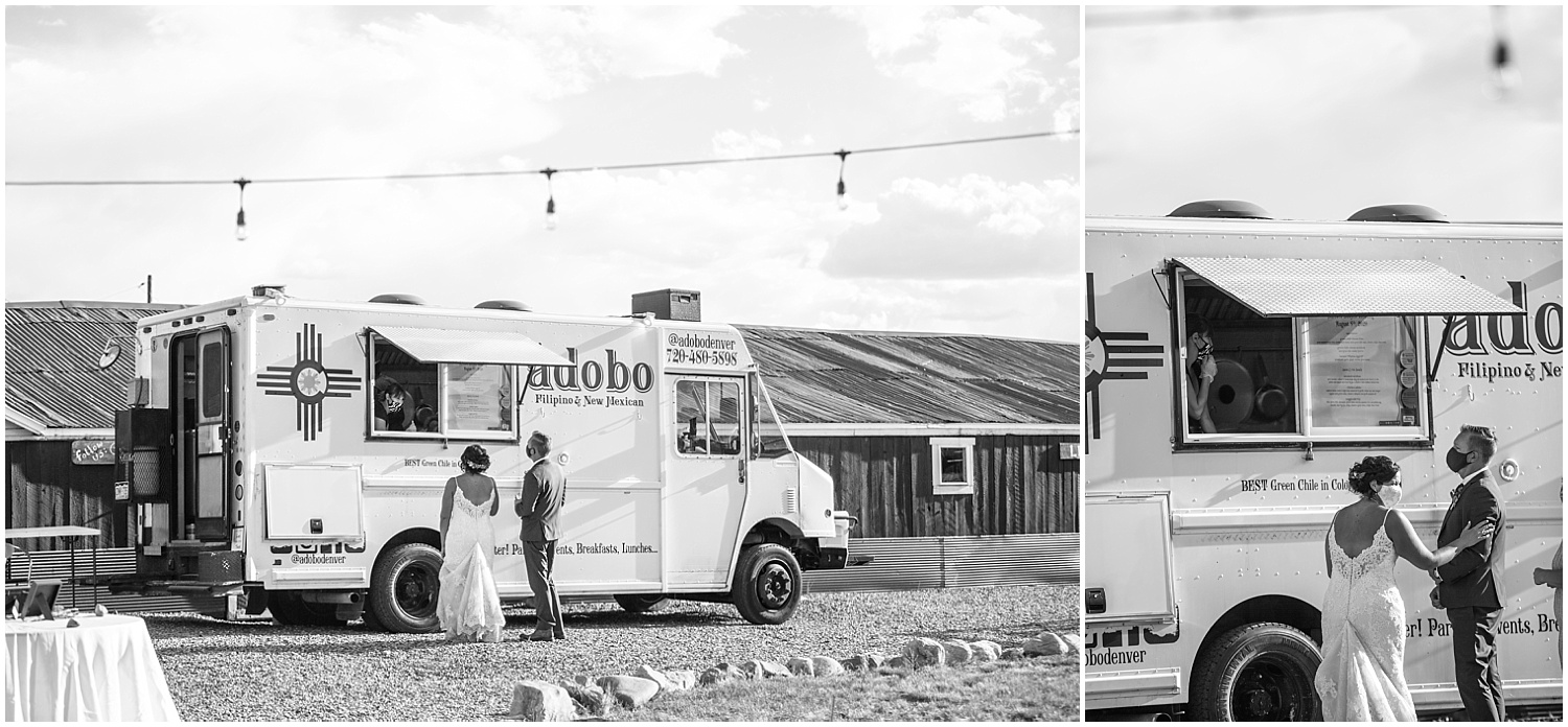 Bride and groom waiting for their food from Adobo Food Truck at their Guyton Ranch wedding reception