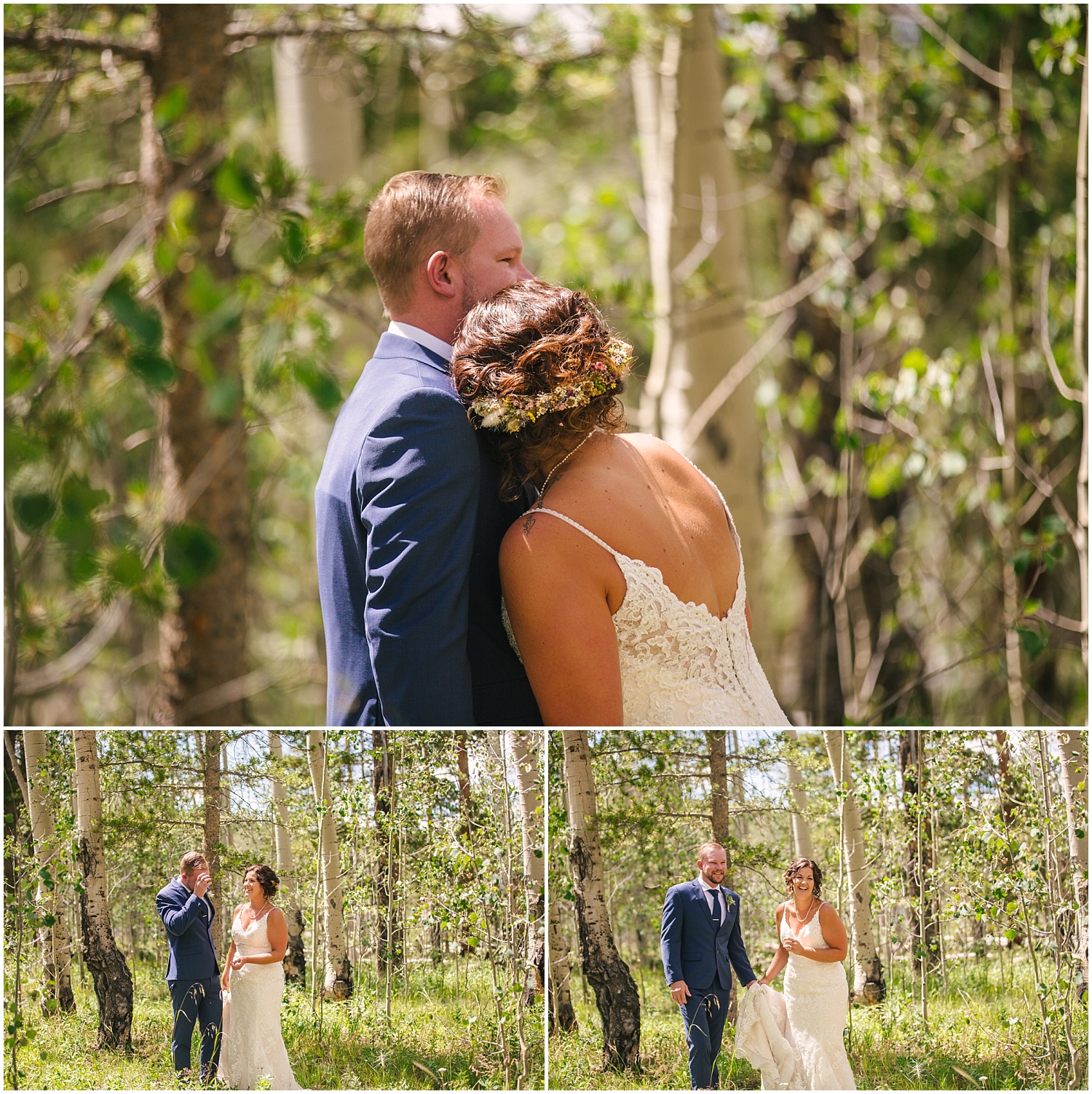 Bride and groom have their first look among the aspen trees in Kenosha Pass Colorado