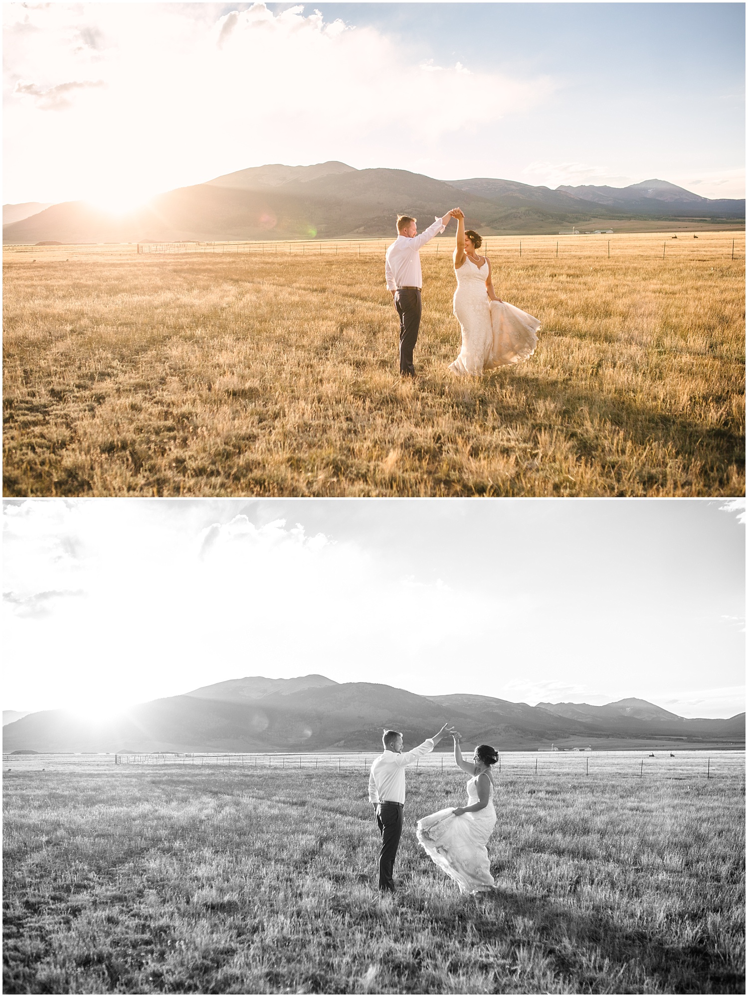 Bride and groom dancing in the golden light in the mountains at Guyton Ranch
