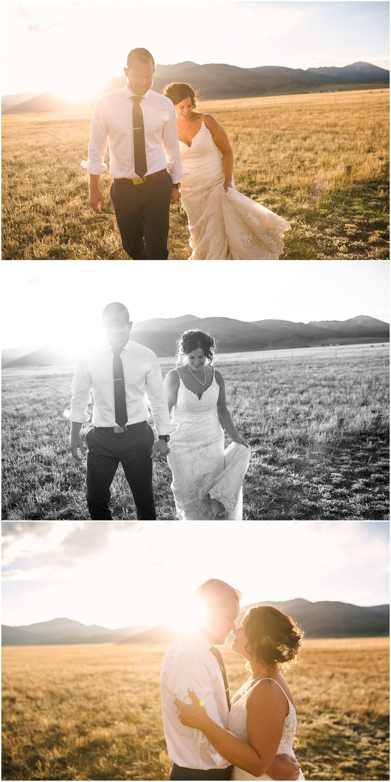 Bride and groom walking through a field in the mountains at golden hour